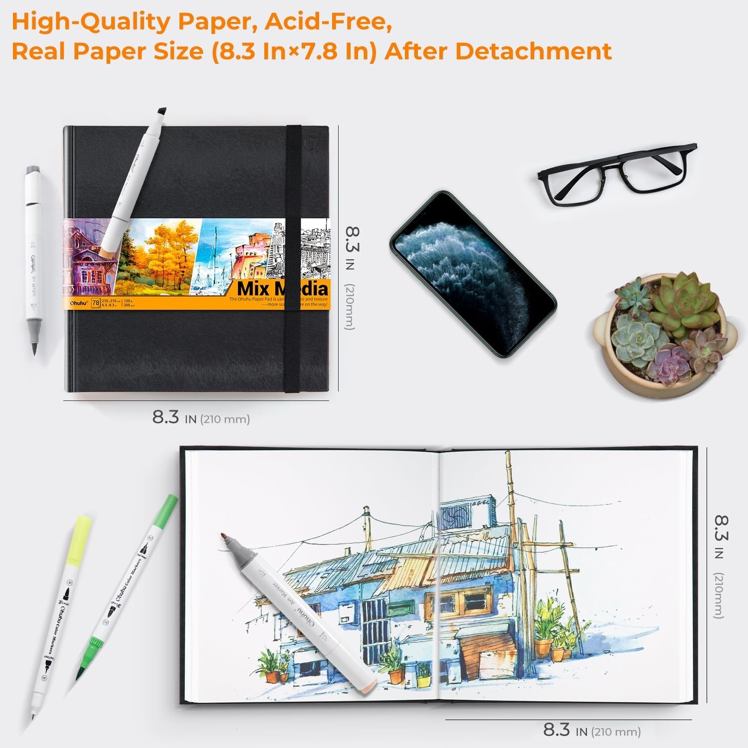 image:imageOhuhu Mixed Media Pad 83 x 83 Square Mix Media Sketchbook 120 LB200 GSM Heavyweight Papers 78 Sheets156 Pages PU Hardcover MultiMedia Paper Pad for Acrylic Painting Christmas Gift83 x 83