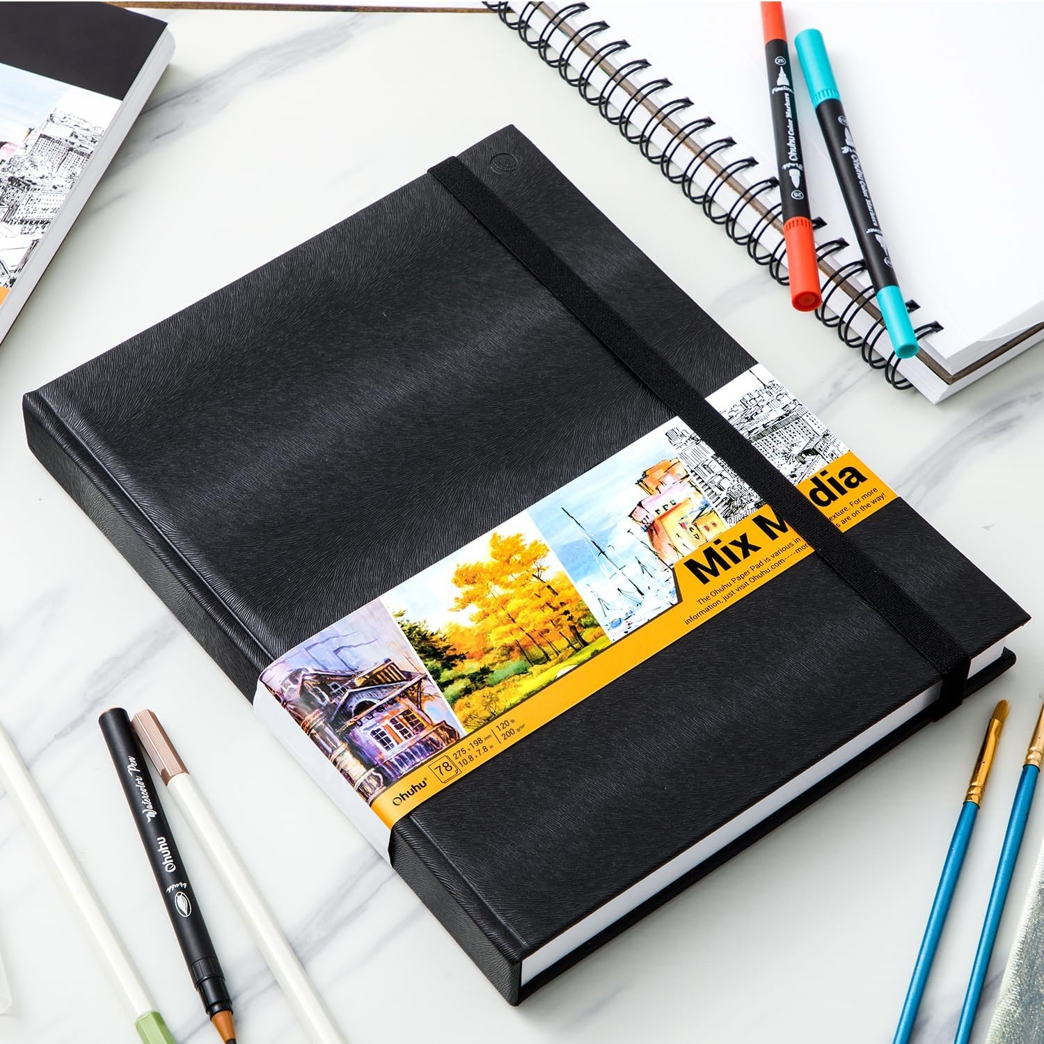 image:imageOhuhu Mixed Media Pad 83 x 83 Square Mix Media Sketchbook 120 LB200 GSM Heavyweight Papers 78 Sheets156 Pages PU Hardcover MultiMedia Paper Pad for Acrylic Painting Christmas Gift108 78