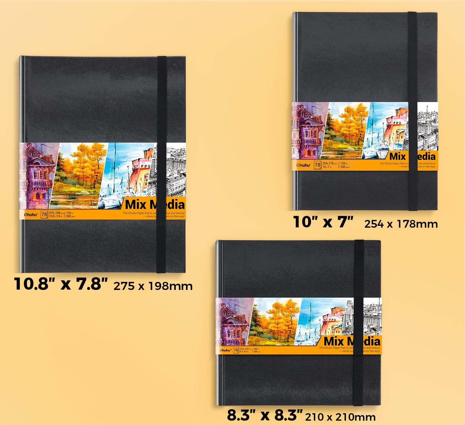 image:imageOhuhu Mixed Media Pad 83 x 83 Square Mix Media Sketchbook 120 LB200 GSM Heavyweight Papers 78 Sheets156 Pages PU Hardcover MultiMedia Paper Pad for Acrylic Painting Christmas Gift108 78