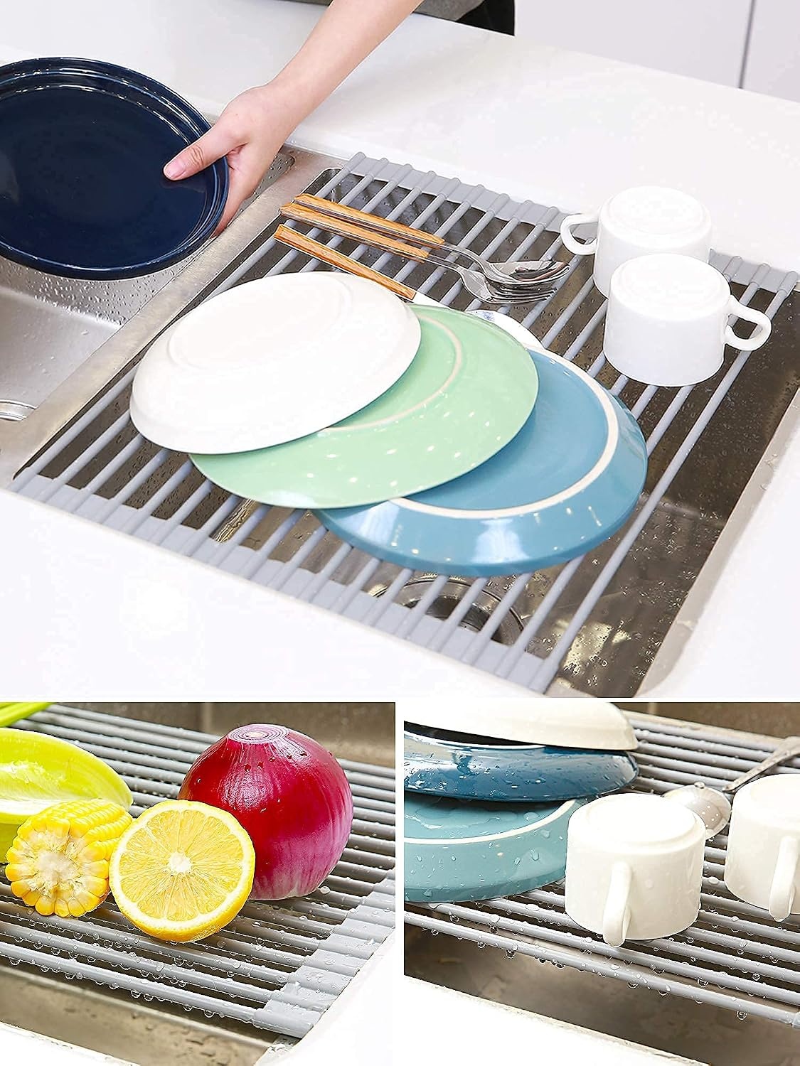 image:imageOhuhu Over Sink Dish Drying Rack 2 Pack Roll Up Drying Rack 17 L x 13 W HeatResistant AntiSlip Silicone Coated Sink Drying Racks Mat for Kitchen Counter Organizer