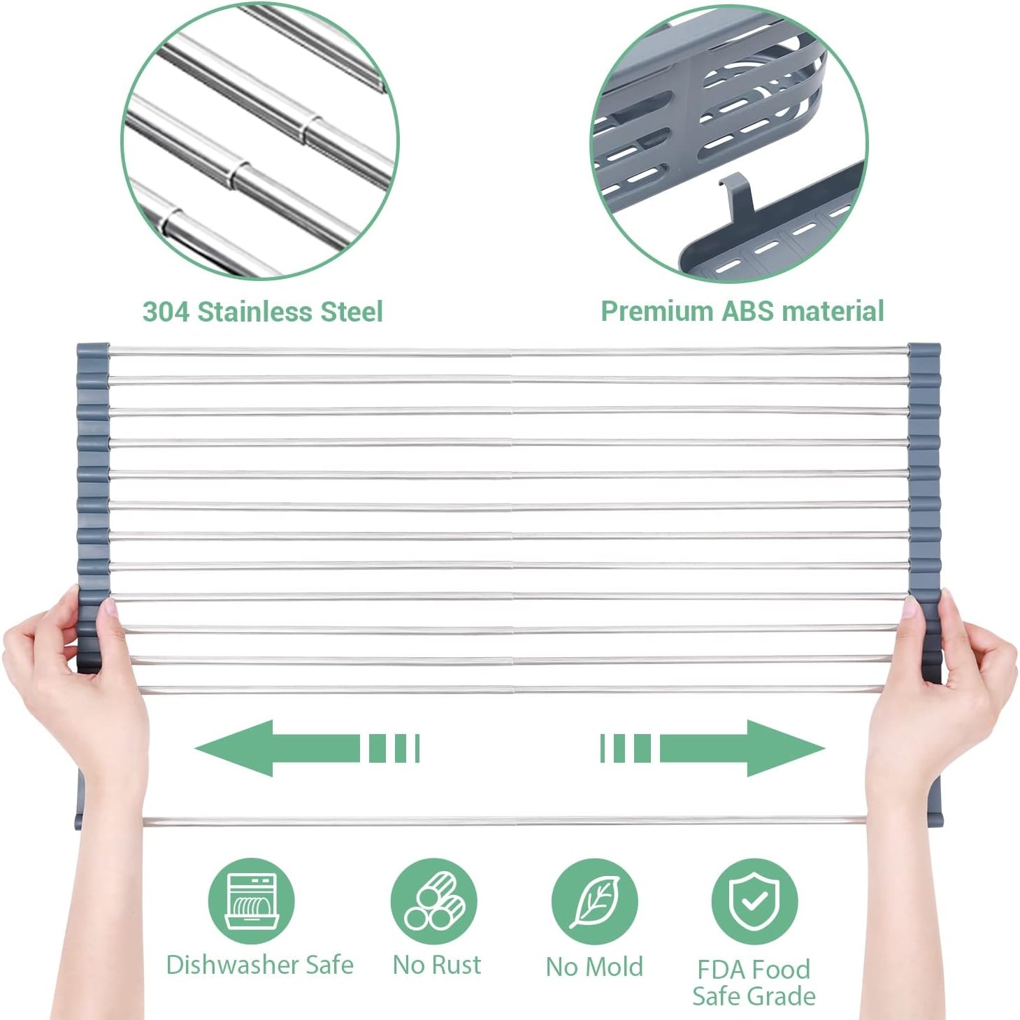 image:imageOhuhu Over Sink Dish Drying Rack Expandable Multipurpose Roll Up Dish Racks Up to 23 with 2 Utensil Holders Dish Drainer for Kitchen Counter Sink Organizer HeatResistant Mat