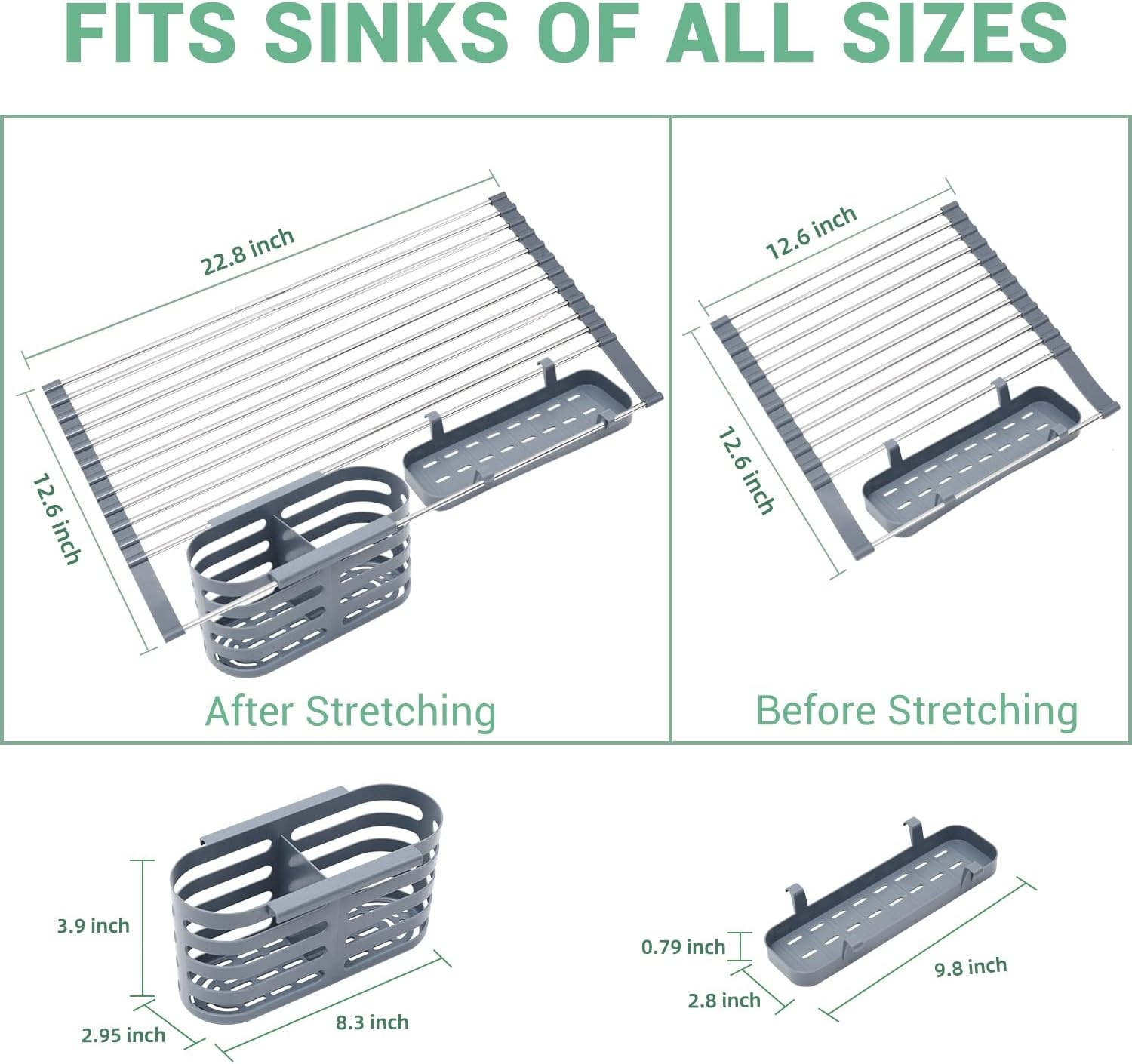 image:imageOhuhu Over Sink Dish Drying Rack Expandable Multipurpose Roll Up Dish Racks Up to 23 with 2 Utensil Holders Dish Drainer for Kitchen Counter Sink Organizer HeatResistant Mat