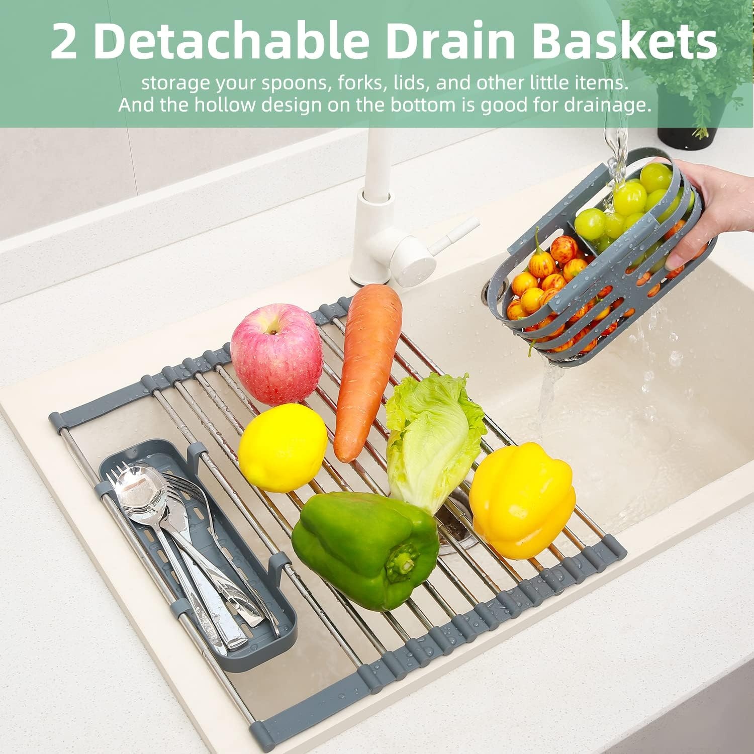 image:imageOhuhu Over Sink Dish Drying Rack Expandable Multipurpose Roll Up Dish Racks Up to 23 with 2 Utensil Holders Dish Drainer for Kitchen Counter Sink Organizer HeatResistant Mat