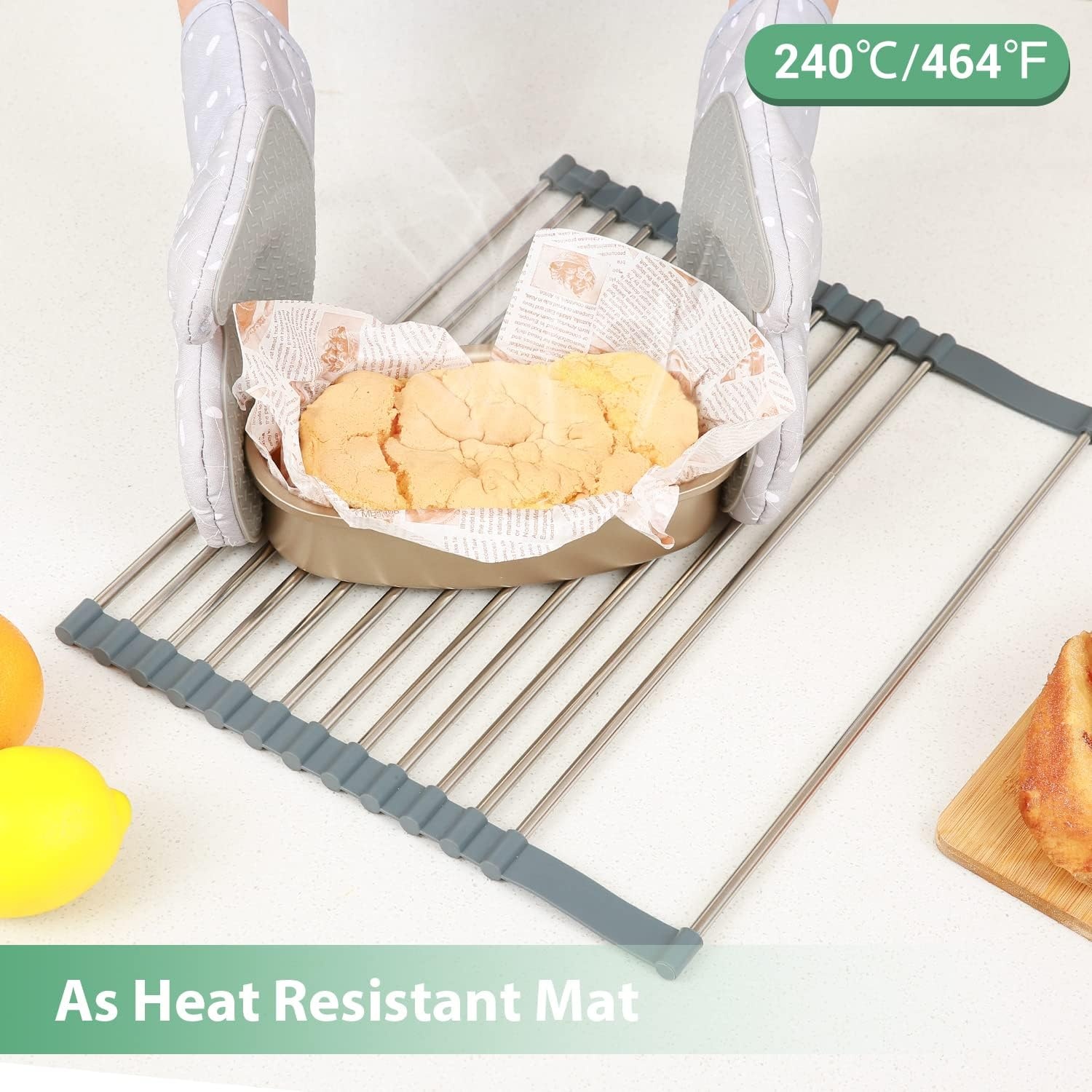 image:imageOhuhu Over Sink Dish Drying Rack Expandable Multipurpose Roll Up Dish Racks Up to 23 with 2 Utensil Holders Dish Drainer for Kitchen Counter Sink Organizer HeatResistant Mat