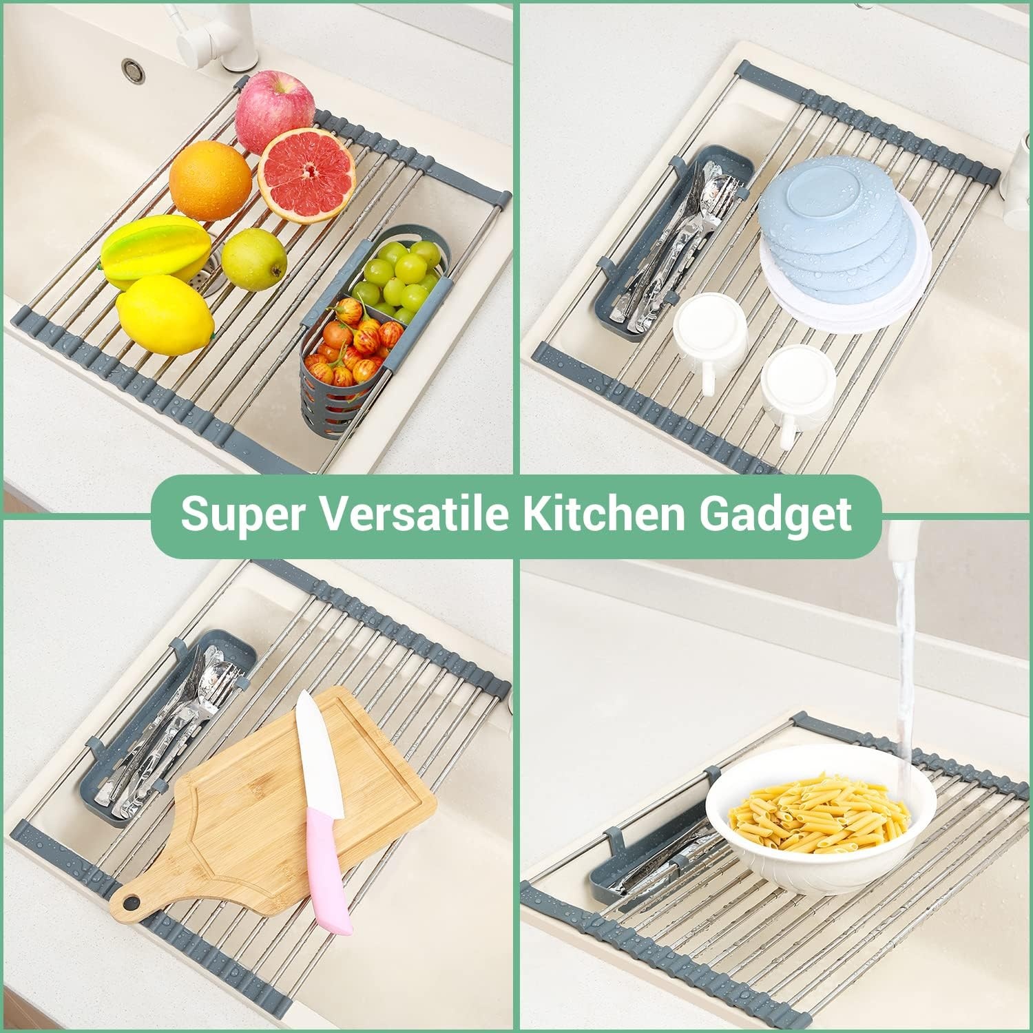 image:imageOhuhu Over Sink Dish Drying Rack Expandable Multipurpose Roll Up Dish Racks Up to 23 with 2 Utensil Holders Dish Drainer for Kitchen Counter Sink Organizer HeatResistant Mat