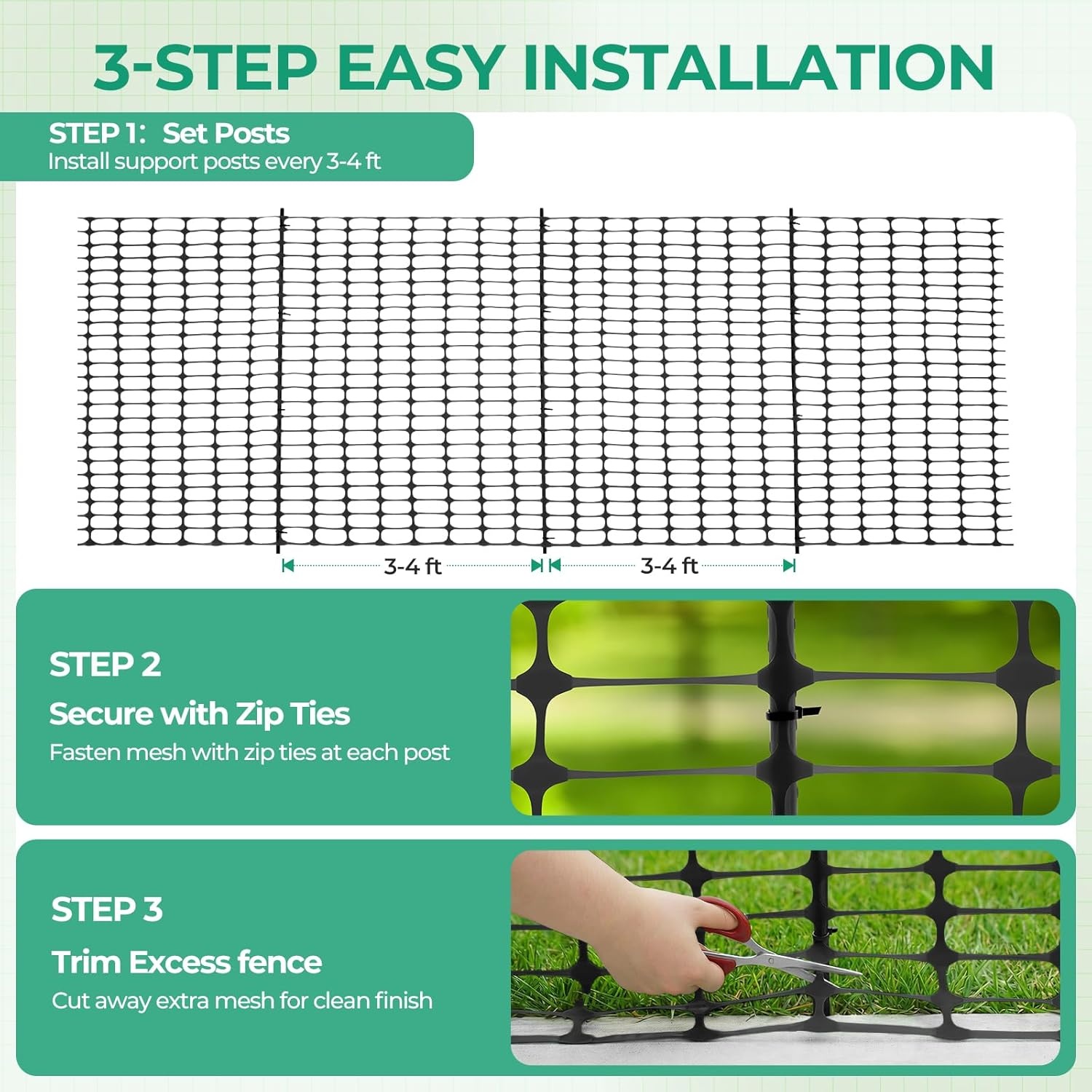 image:imageOhuhu Plastic Garden Fence Roll with Stakes 34 x 100 Temporary Fence with 25Pcs 4 FT Thick Posts Reusable Barrier Fencing for Animals Chicken Rabbit Dog Construction Snow ProtectionBlack