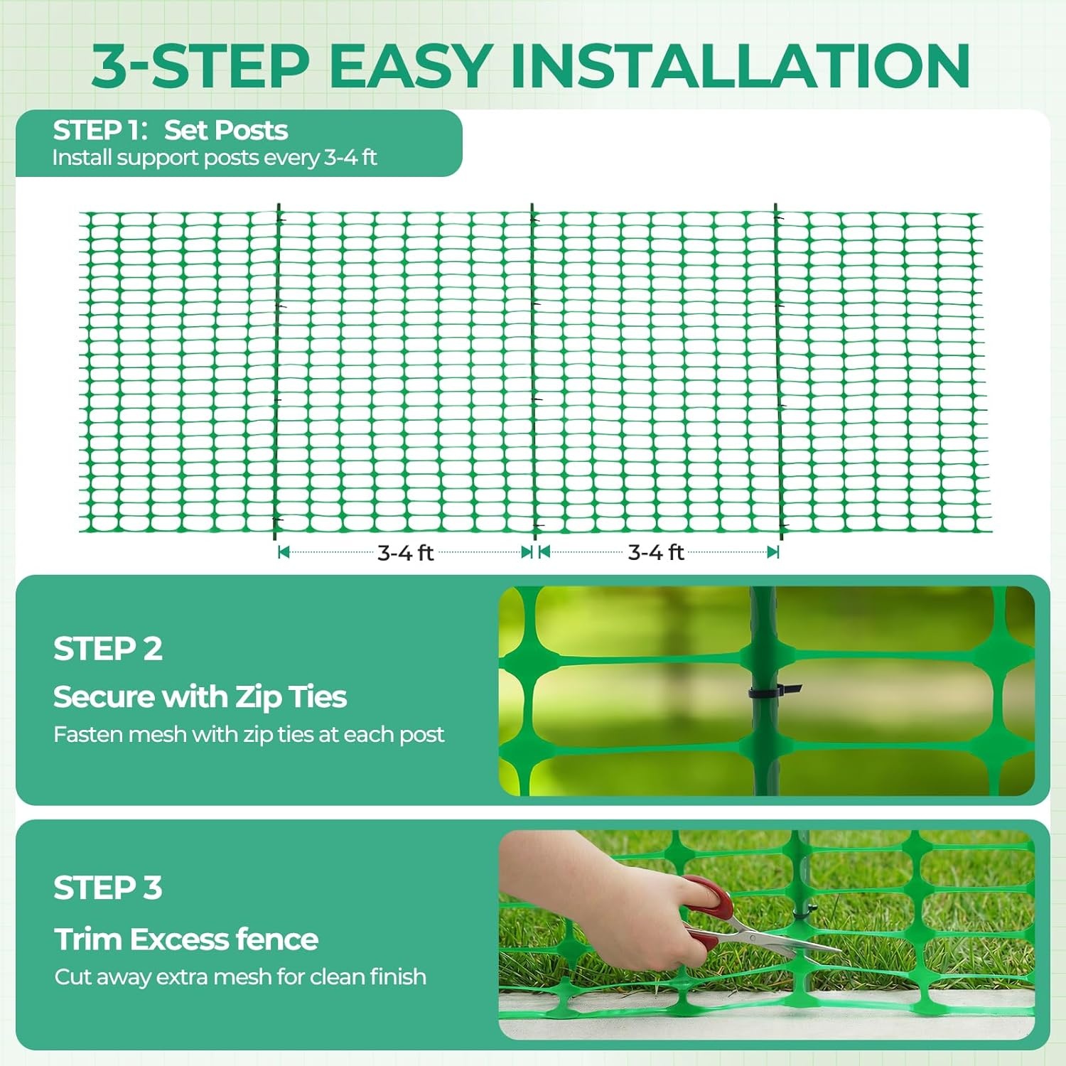 image:imageOhuhu Plastic Garden Fence Roll with Stakes 34 x 100 Temporary Fence with 25Pcs 4 FT Thick Posts Reusable Barrier Fencing for Animals Chicken Rabbit Dog Construction Snow ProtectionGreen