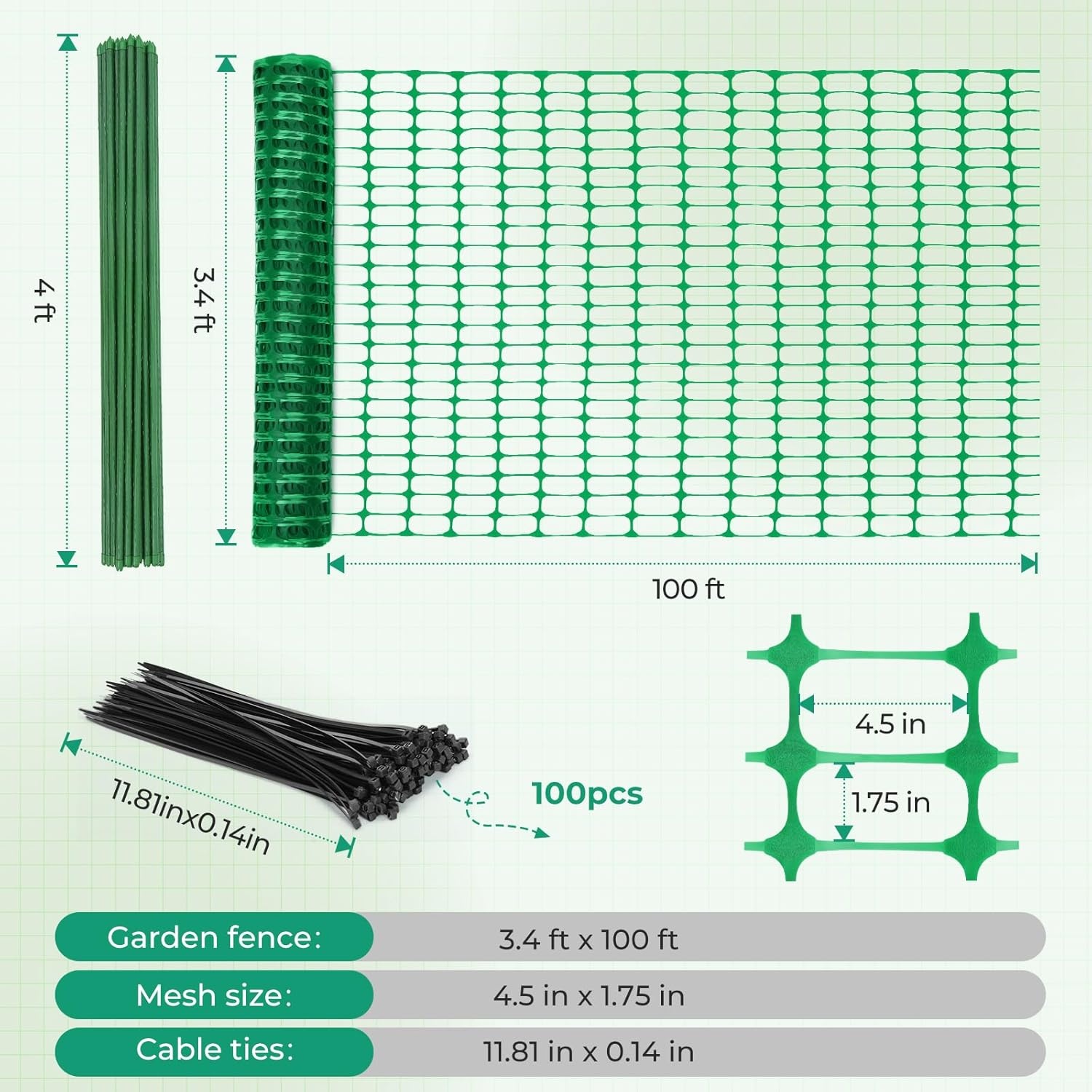 image:imageOhuhu Plastic Garden Fence Roll with Stakes 34 x 100 Temporary Fence with 25Pcs 4 FT Thick Posts Reusable Barrier Fencing for Animals Chicken Rabbit Dog Construction Snow ProtectionGreen