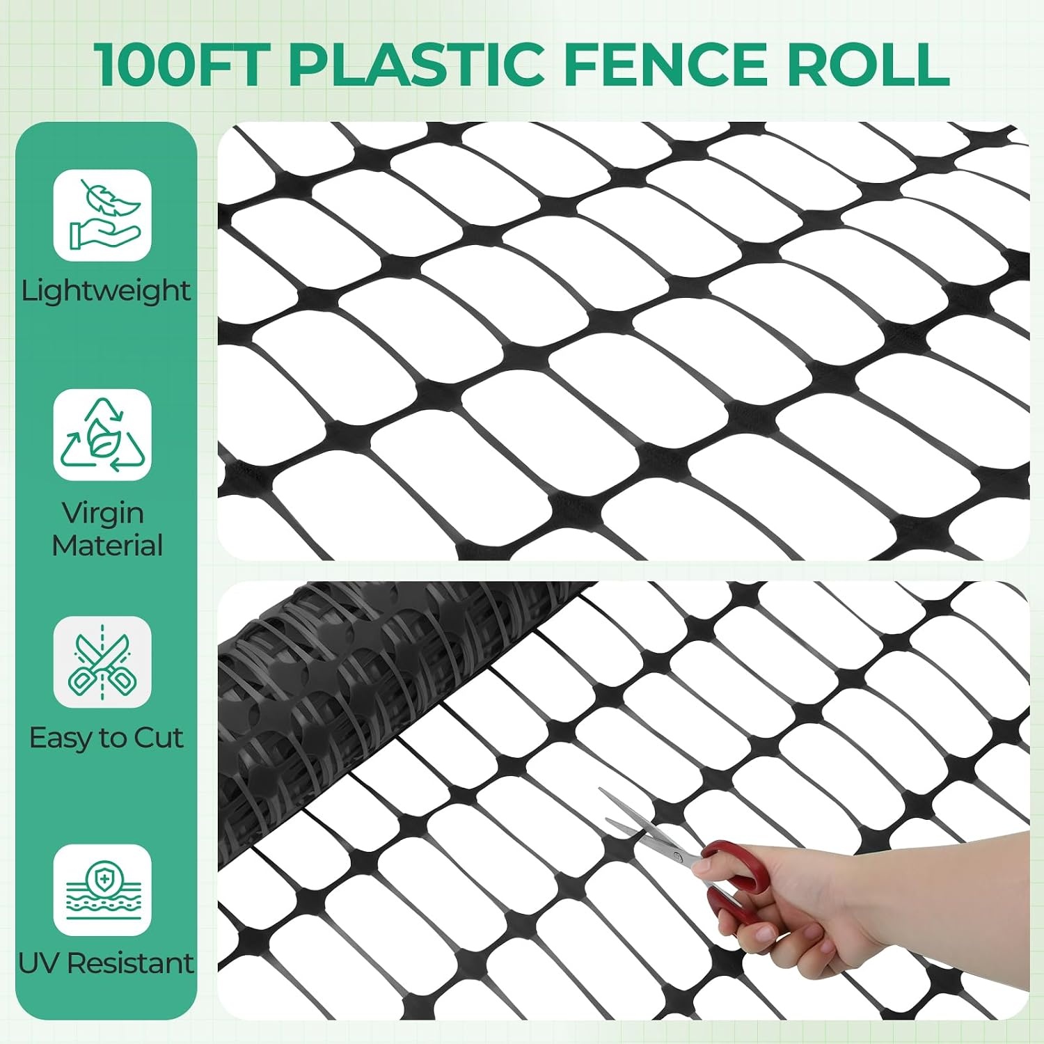 image:imageOhuhu Plastic Garden Fence Roll with Stakes 34 x 100 Temporary Fence with 25Pcs 4 FT Thick Posts Reusable Barrier Fencing for Animals Chicken Rabbit Dog Construction Snow ProtectionBlack