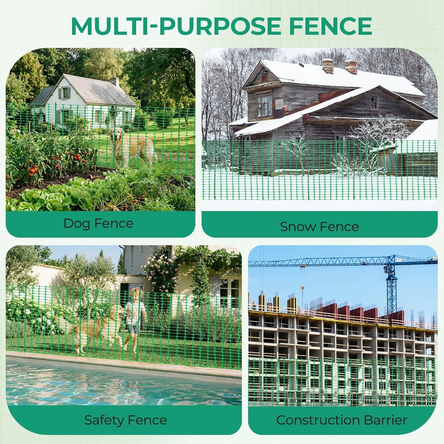 image:imageOhuhu Plastic Garden Fence Roll with Stakes 34 x 100 Temporary Fence with 25Pcs 4 FT Thick Posts Reusable Barrier Fencing for Animals Chicken Rabbit Dog Construction Snow ProtectionGreen