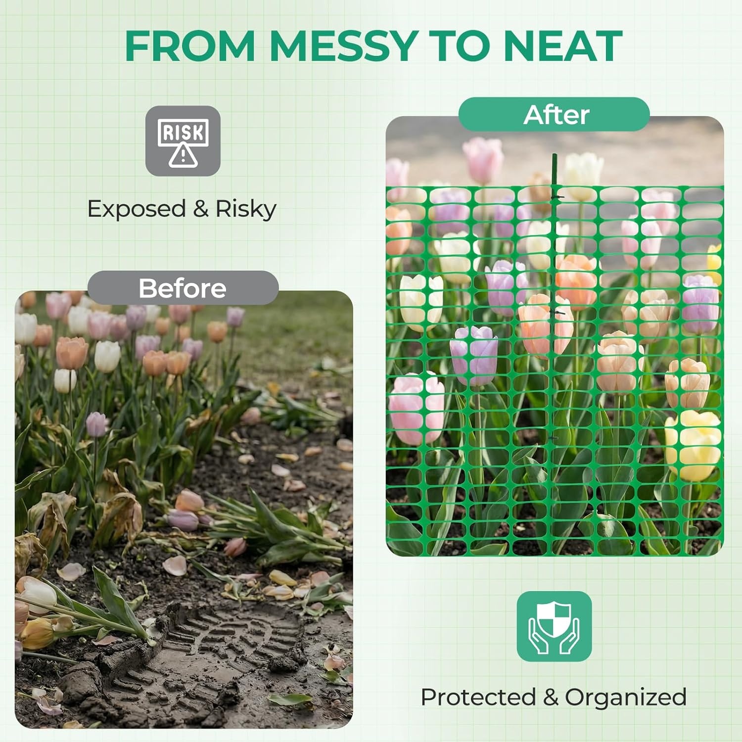 image:imageOhuhu Plastic Garden Fence Roll with Stakes 34 x 100 Temporary Fence with 25Pcs 4 FT Thick Posts Reusable Barrier Fencing for Animals Chicken Rabbit Dog Construction Snow ProtectionGreen