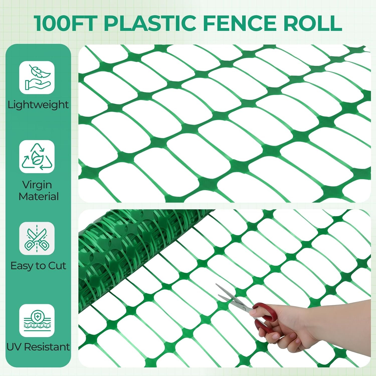 image:imageOhuhu Plastic Garden Fence Roll with Stakes 34 x 100 Temporary Fence with 25Pcs 4 FT Thick Posts Reusable Barrier Fencing for Animals Chicken Rabbit Dog Construction Snow ProtectionGreen
