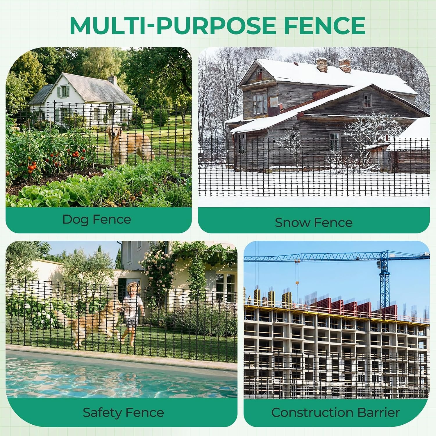 image:imageOhuhu Plastic Garden Fence Safety Fence 34x100 Reusable Garden Fence Roll with 25Pcs 4FT Thicker Stakes Temporary Fencing for Animal Barrier Construction Snow Fence Poultry Rabbits Chicken Dogs