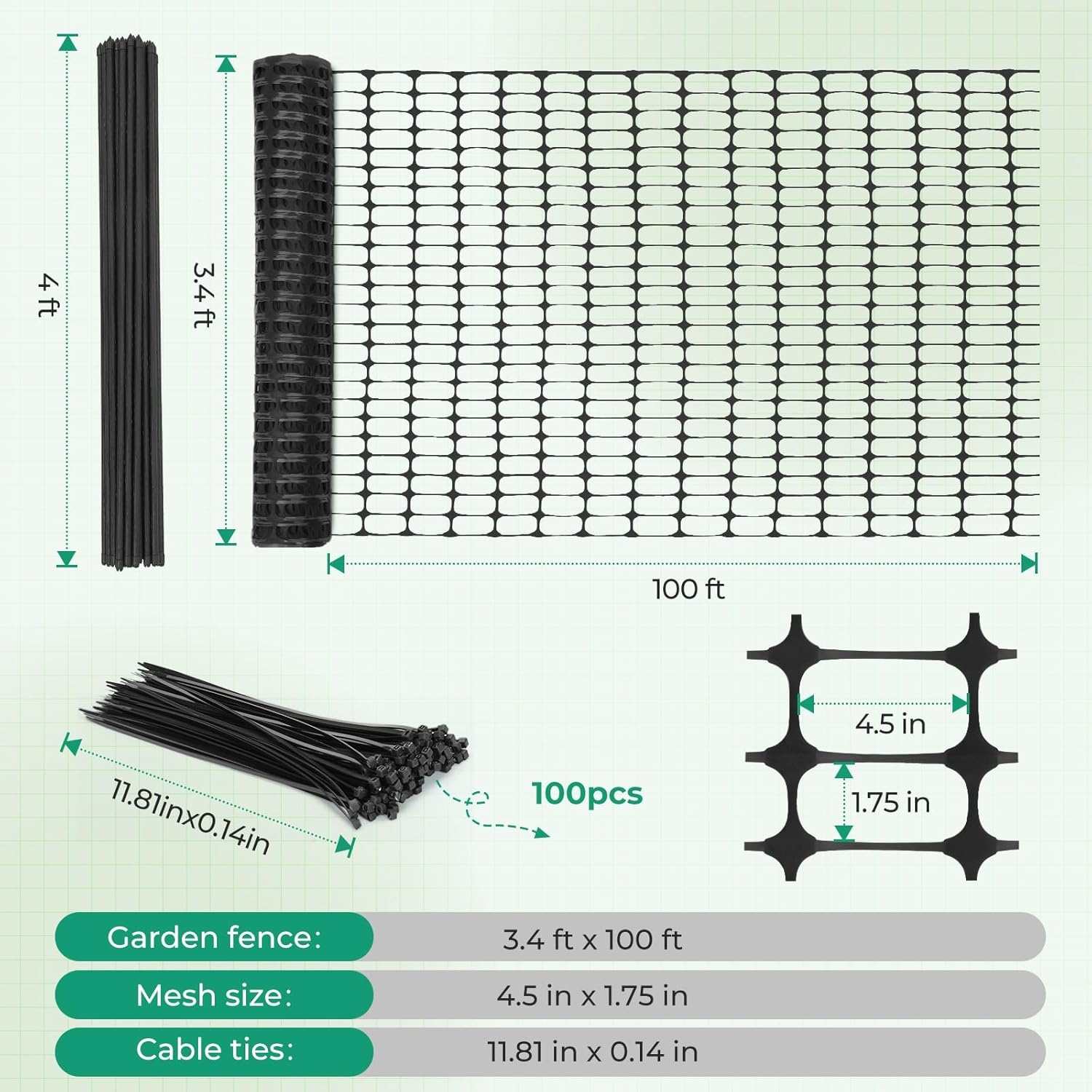 image:imageOhuhu Plastic Garden Fence Safety Fence 34x100 Reusable Garden Fence Roll with 25Pcs 4FT Thicker Stakes Temporary Fencing for Animal Barrier Construction Snow Fence Poultry Rabbits Chicken Dogs