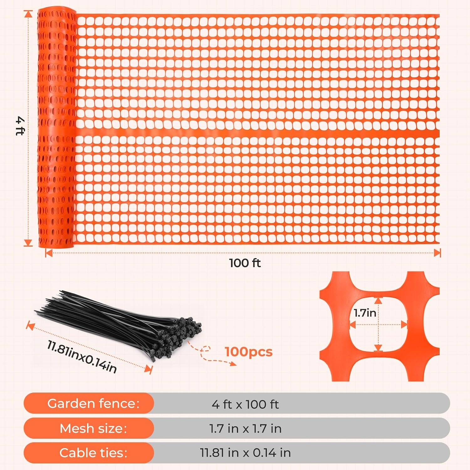image:imageOhuhu Plastic Garden Fence Safety Fence 4x100107LB Reusable Netting Plastic Mesh Fence Roll Temporary Fencing for Animal Barrier Construction Snow Fence Poultry Rabbits Chicken Dogs DeerOrange
