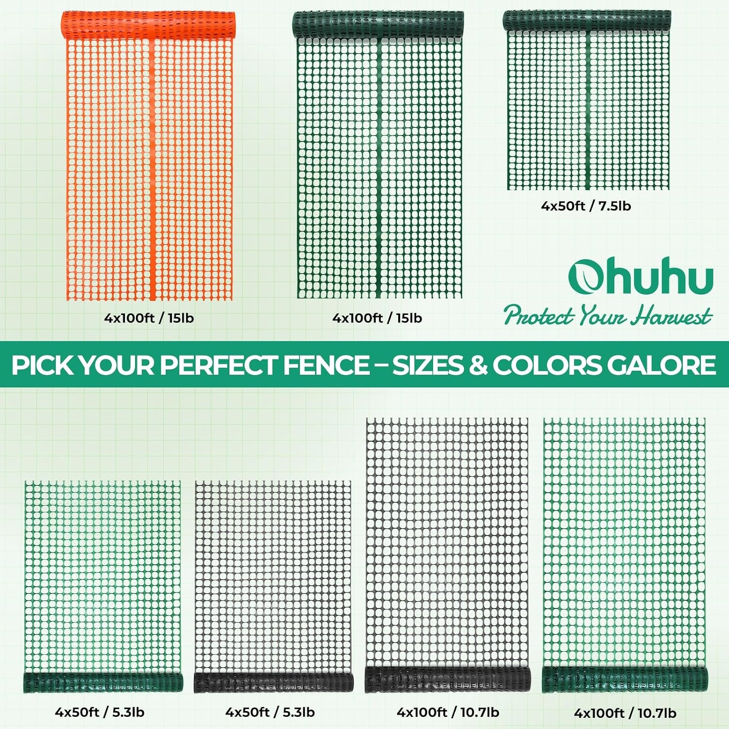 image:imageOhuhu Plastic Garden Fence Safety Fence 4x100107LB Reusable Netting Plastic Mesh Fence Roll Temporary Fencing for Animal Barrier Construction Snow Fence Poultry Rabbits Chicken Dogs DeerGreen