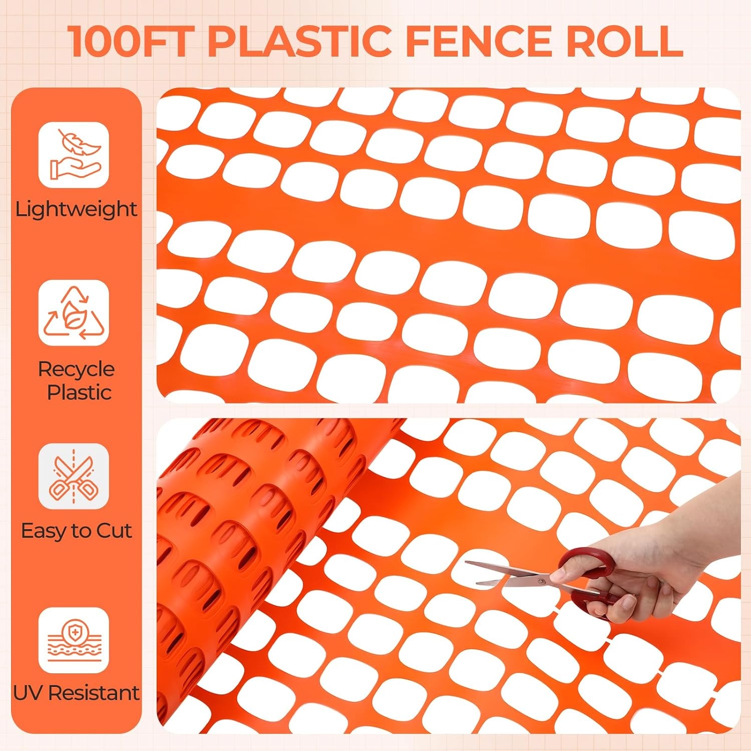 image:imageOhuhu Plastic Garden Fence Safety Fence 4x100107LB Reusable Netting Plastic Mesh Fence Roll Temporary Fencing for Animal Barrier Construction Snow Fence Poultry Rabbits Chicken Dogs DeerOrange