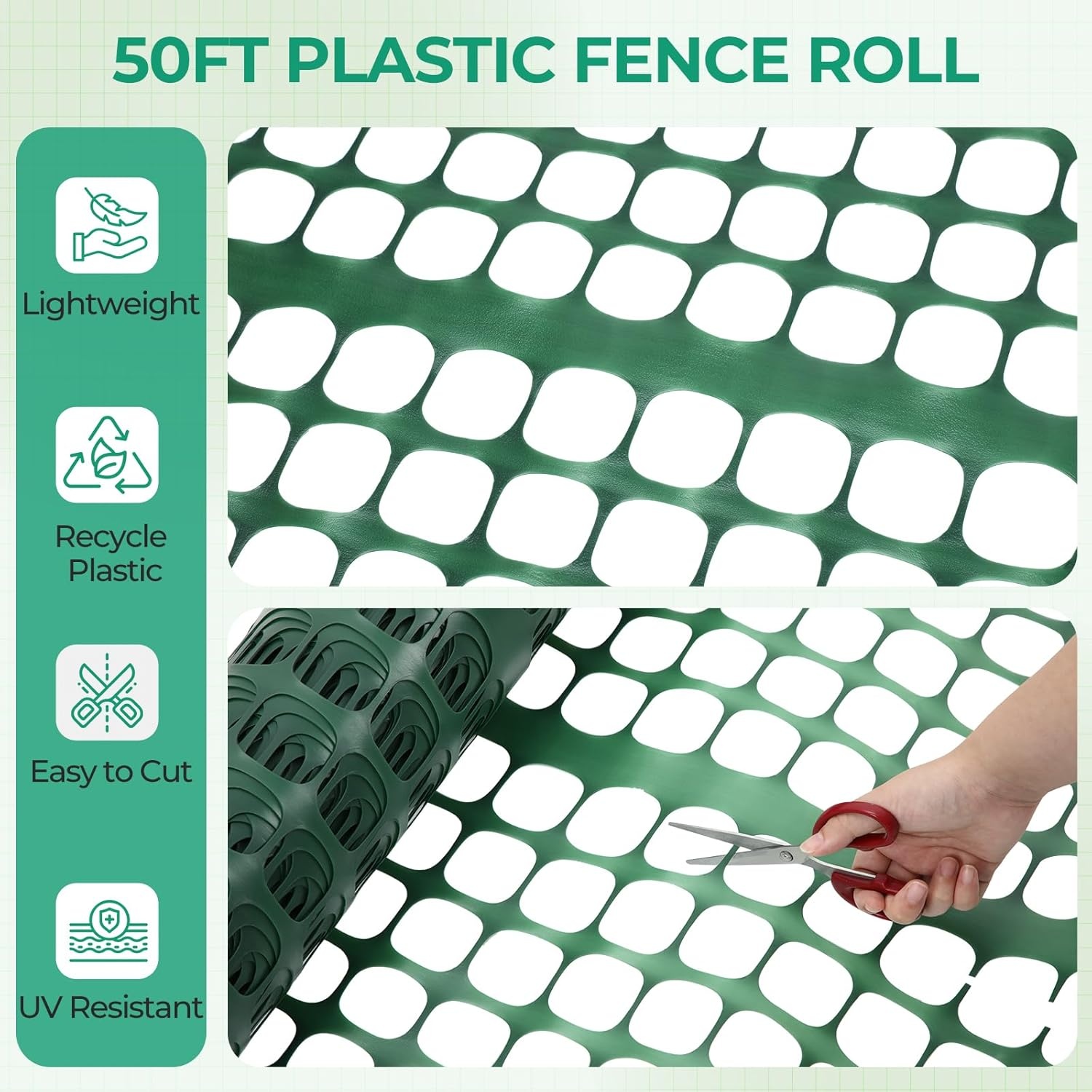 image:imageOhuhu Plastic Garden Fence Safety Fence 4x100107LB Reusable Netting Plastic Mesh Fence Roll Temporary Fencing for Animal Barrier Construction Snow Fence Poultry Rabbits Chicken Dogs DeerGreen
