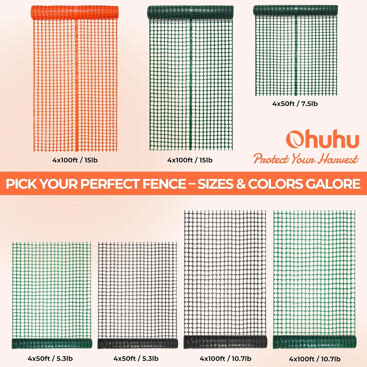 image:imageOhuhu Plastic Garden Fence Safety Fence 4x100107LB Reusable Netting Plastic Mesh Fence Roll Temporary Fencing for Animal Barrier Construction Snow Fence Poultry Rabbits Chicken Dogs DeerOrange