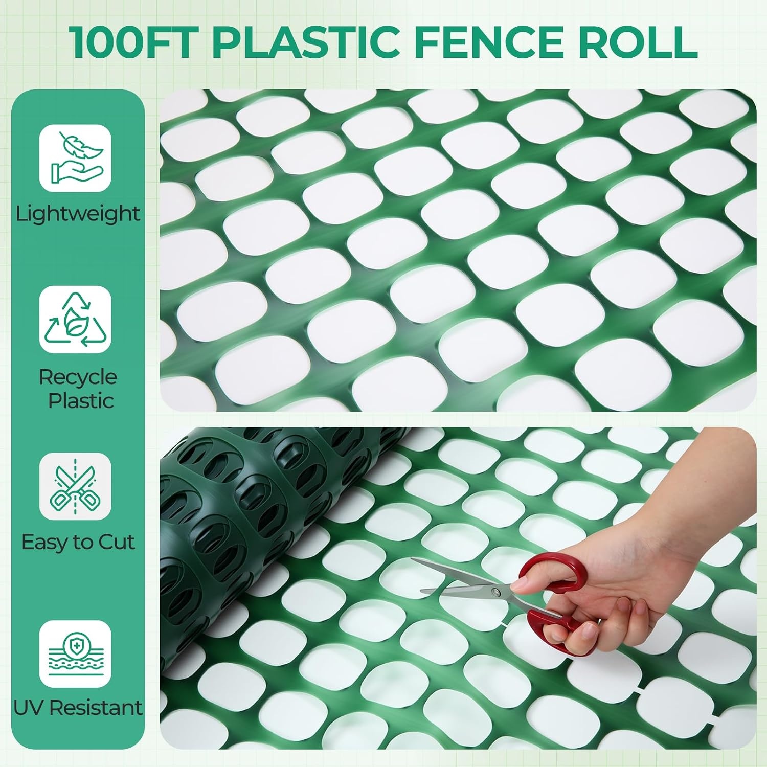 image:imageOhuhu Plastic Garden Fence Safety Fence 4x100107LB Reusable Netting Plastic Mesh Fence Roll Temporary Fencing for Animal Barrier Construction Snow Fence Poultry Rabbits Chicken Dogs DeerGreen