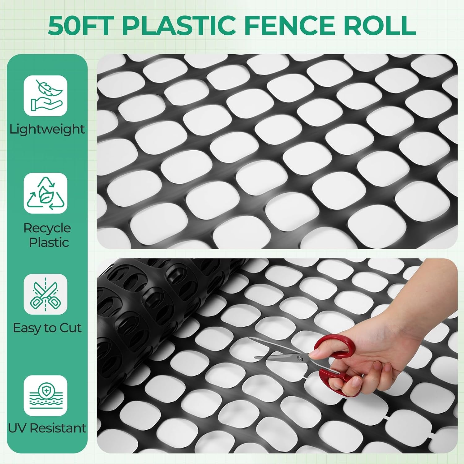 image:imageOhuhu Plastic Garden Fence Safety Fence 4x100107LB Reusable Netting Plastic Mesh Fence Roll Temporary Fencing for Animal Barrier Construction Snow Fence Poultry Rabbits Chicken Dogs DeerBlack