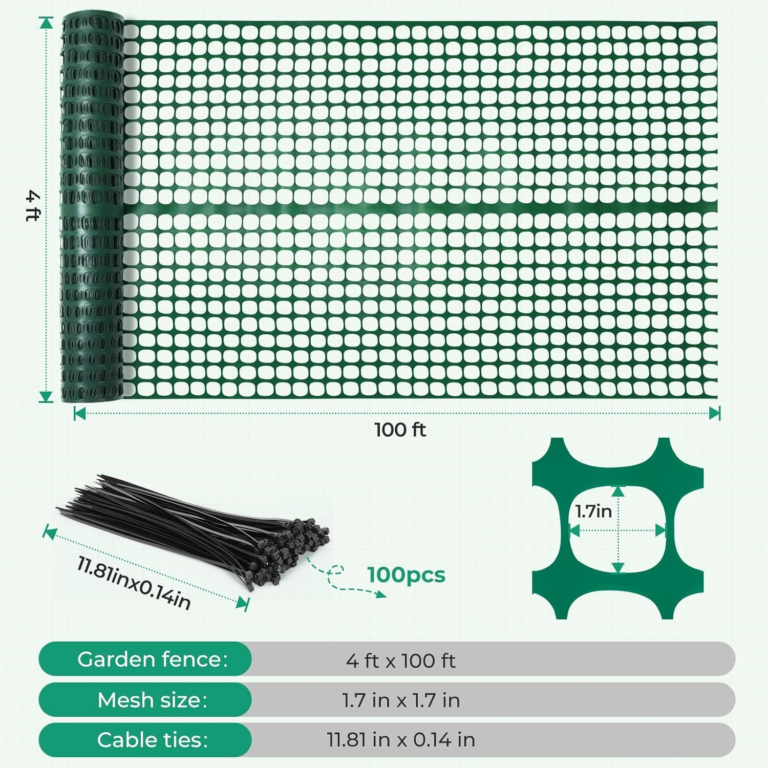 image:imageOhuhu Plastic Garden Fence Safety Fence 4x100107LB Reusable Netting Plastic Mesh Fence Roll Temporary Fencing for Animal Barrier Construction Snow Fence Poultry Rabbits Chicken Dogs DeerGreen