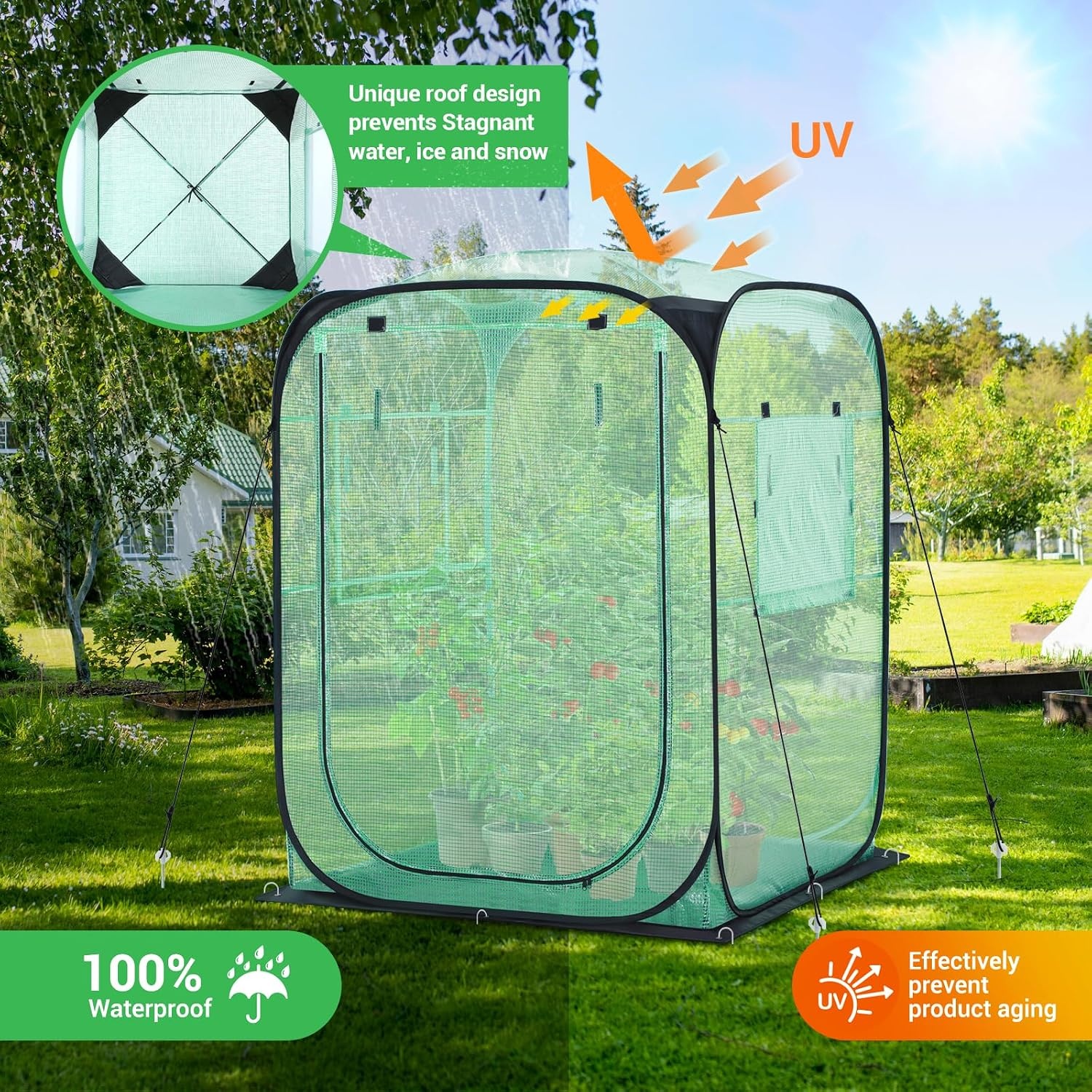 image:imageOhuhu Pop Up Greenhouse for Outdoors Portable Walkin Mini Green House with Removable PE Mat amp Mesh Window Fast Setup GreenHouses for Indoor Outside Protecting Plant from Cold Frost amp BirdsGreen