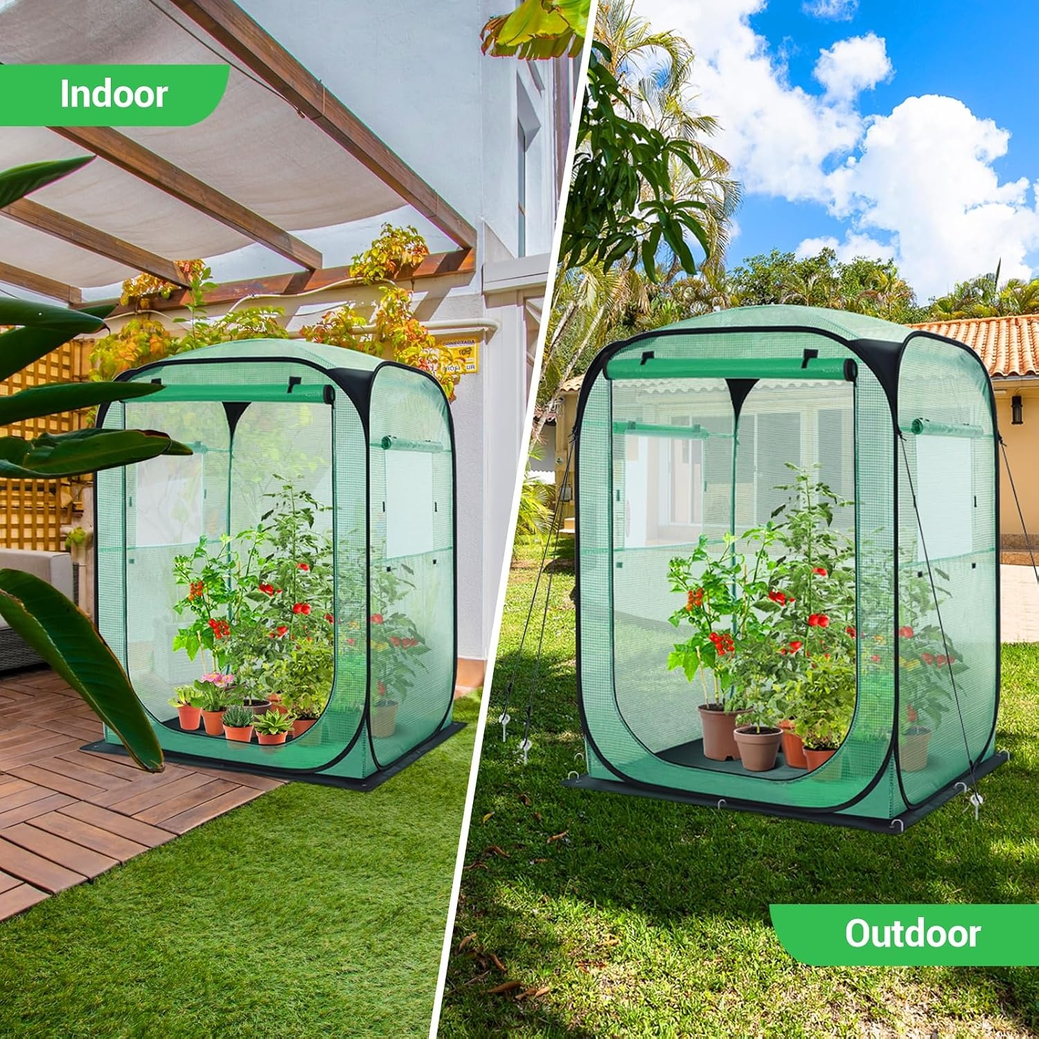 image:imageOhuhu Pop Up Greenhouse for Outdoors Portable Walkin Mini Green House with Removable PE Mat amp Mesh Window Fast Setup GreenHouses for Indoor Outside Protecting Plant from Cold Frost amp BirdsGreen
