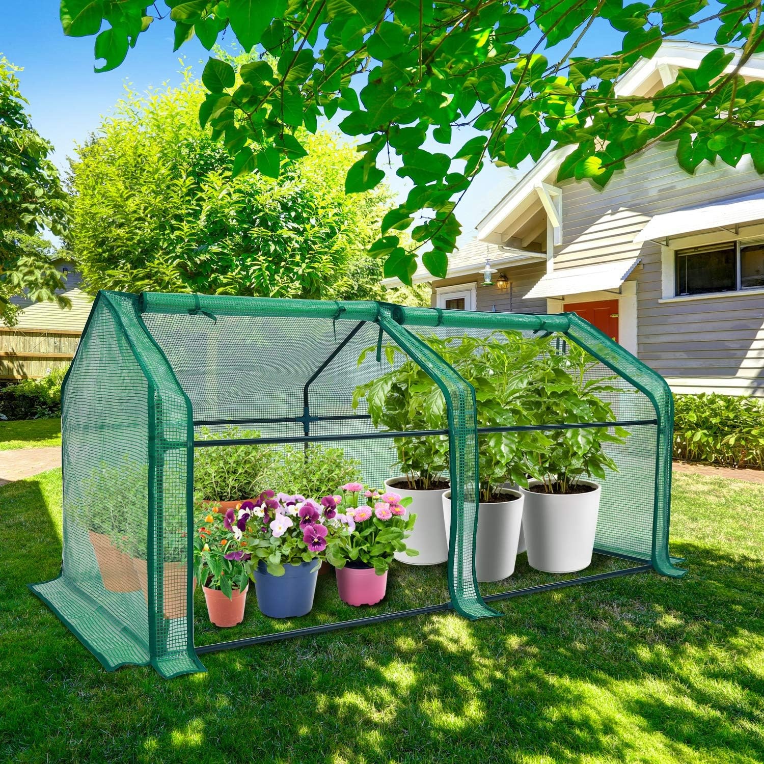 image:imageOhuhu Portable Mini Greenhouse 71x36x36 Greenhouses for Outdoors with Dual Large Zipper Doors amp Ground Stakes Waterproof amp UV Protected Plastic Green House for Outside Garden Patio BackyardGreen