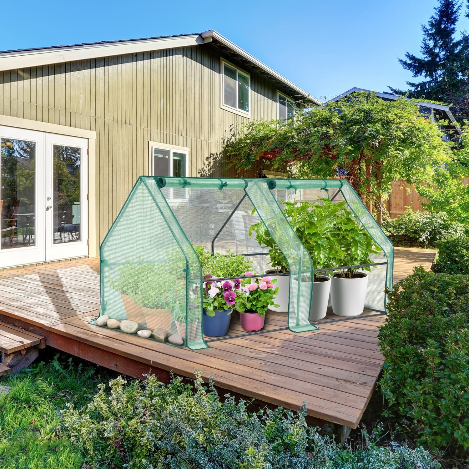 image:imageOhuhu Portable Mini Greenhouse 71x36x36 Greenhouses for Outdoors with Dual Large Zipper Doors amp Ground Stakes Waterproof amp UV Protected Plastic Green House for Outside Garden Patio BackyardGreen