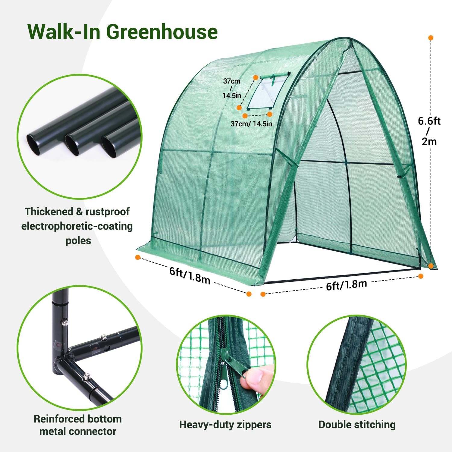 image:imageOhuhu Portable Tunnel Greenhouse Outdoor Heavy Duty Small Walk in Green House with Mesh Windows Reinforced Metal Base Durable Plastic PE Cover for Outside Free Tool to Install 59x59x66 FTGreen