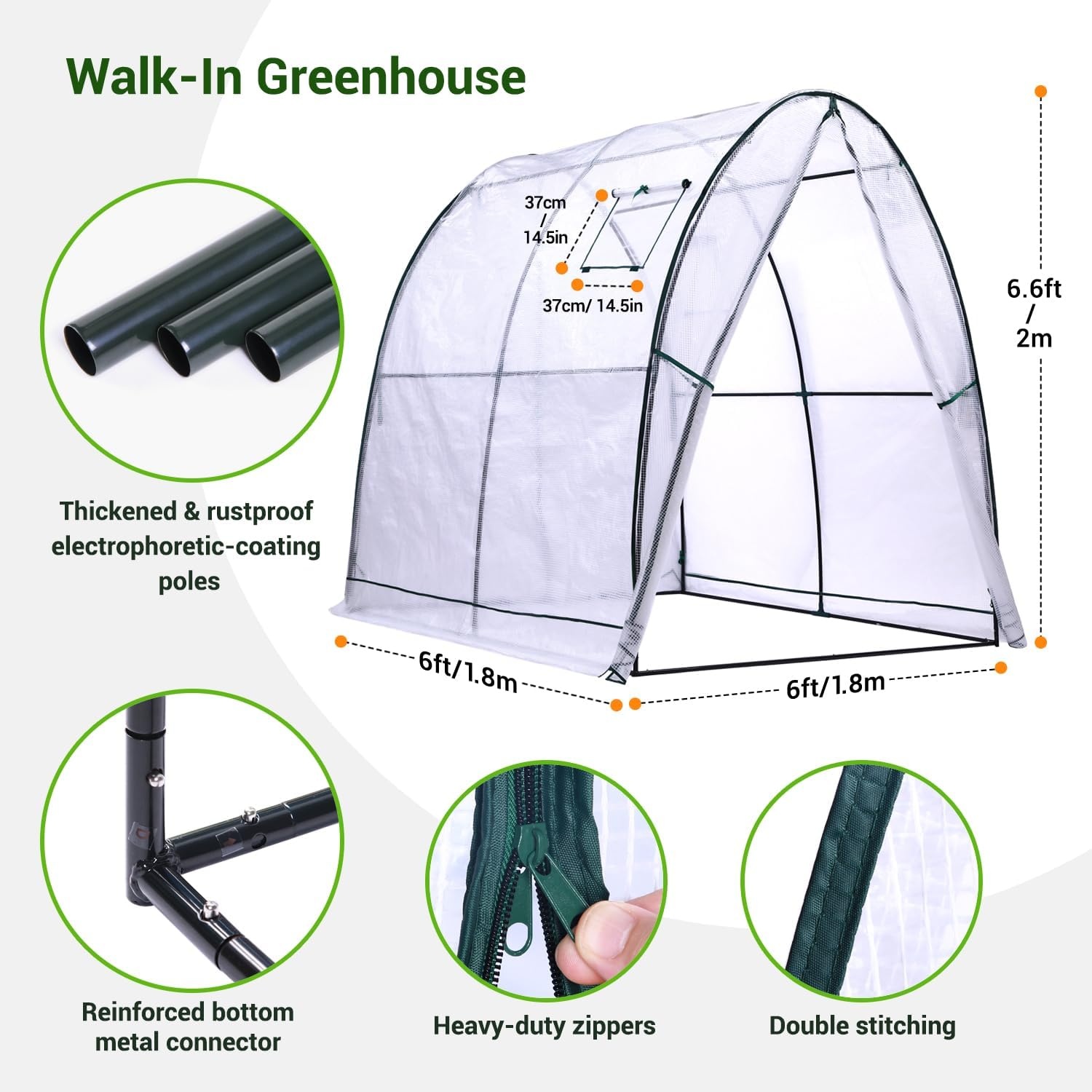 image:imageOhuhu Portable Tunnel Greenhouse Outdoor Heavy Duty Small Walk in Green House with Mesh Windows Reinforced Metal Base Durable Plastic PE Cover for Outside Free Tool to Install 59x59x66 FTWhite