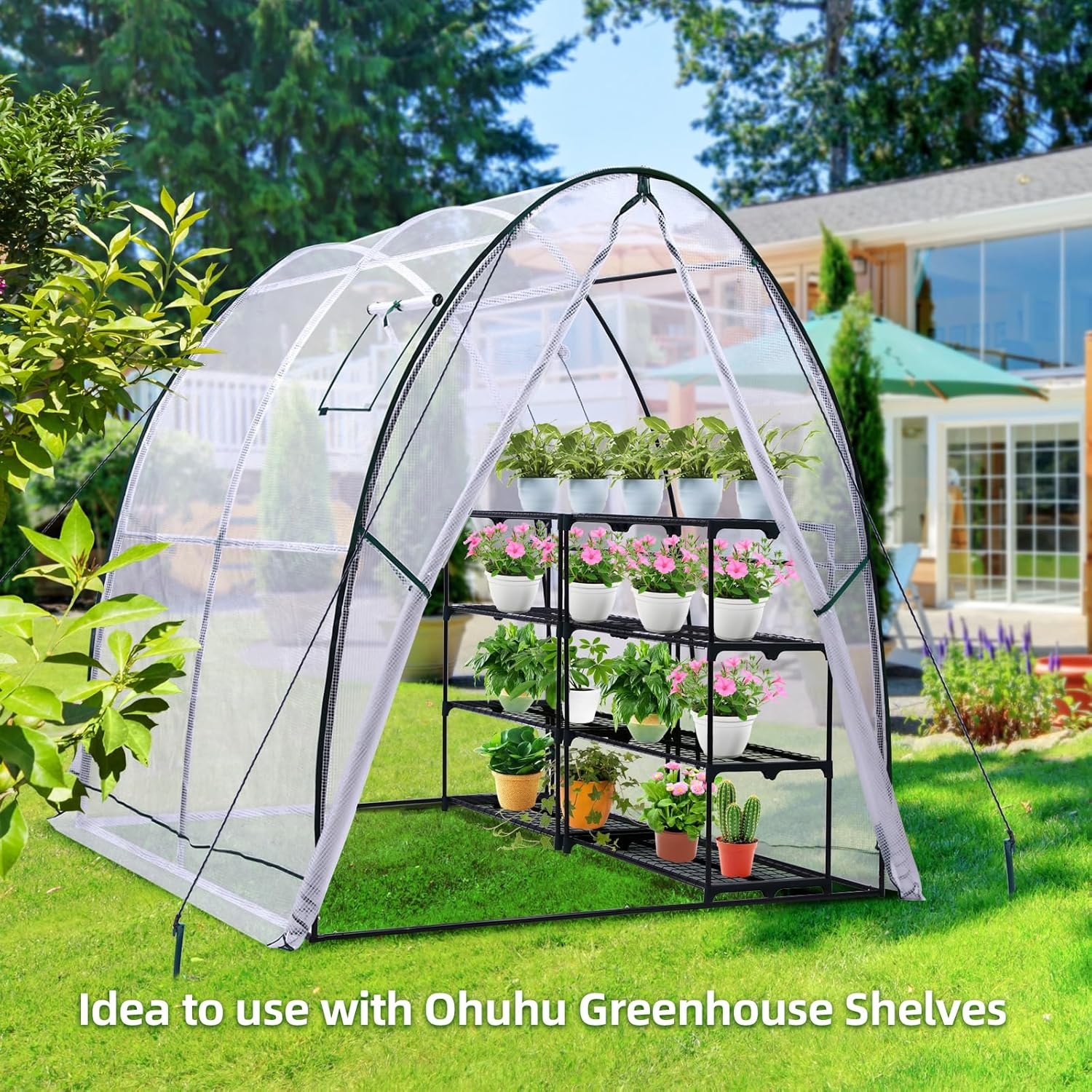 image:imageOhuhu Portable Tunnel Greenhouse Outdoor Heavy Duty Small Walk in Green House with Mesh Windows Reinforced Metal Base Durable Plastic PE Cover for Outside Free Tool to Install 59x59x66 FTWhite