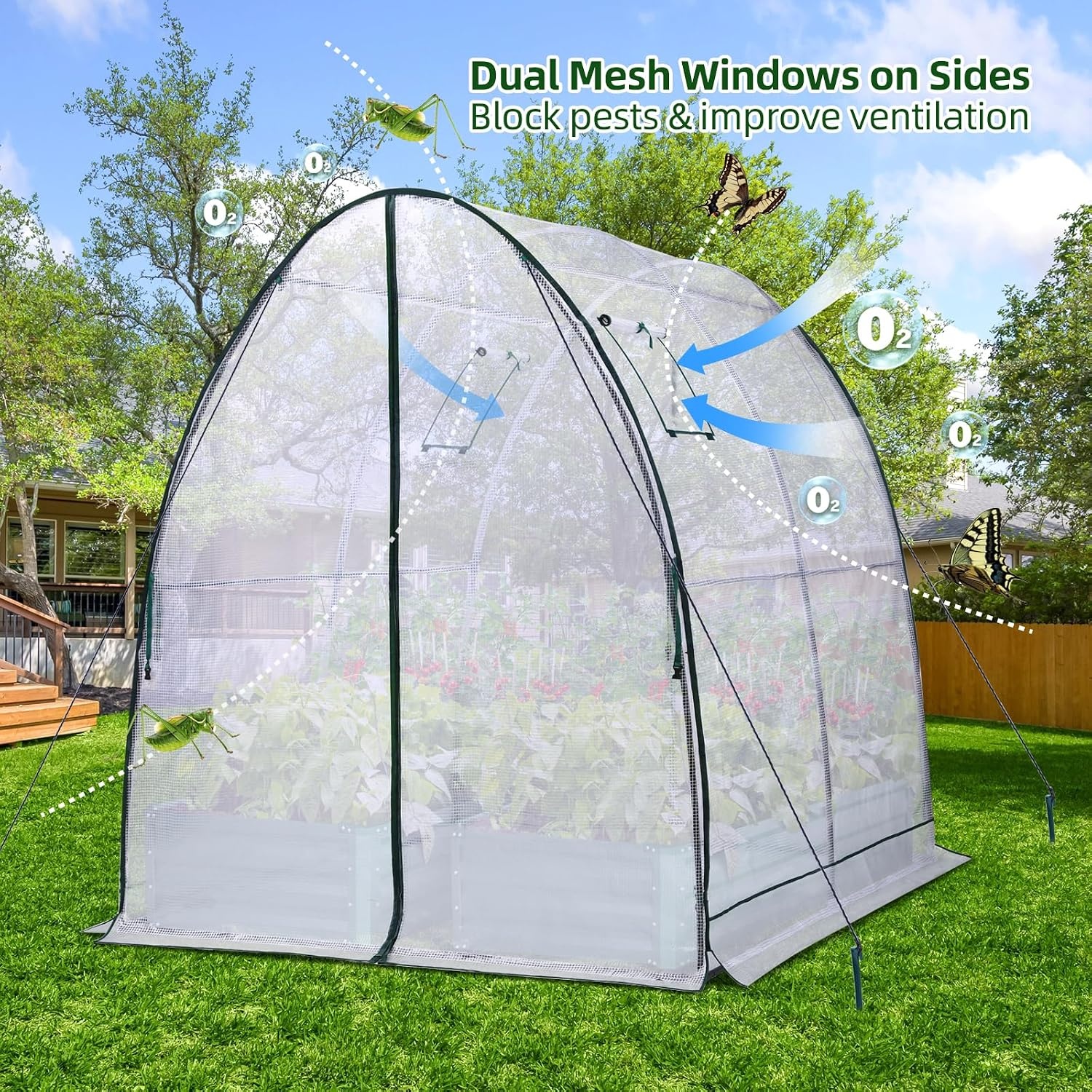 image:imageOhuhu Portable Tunnel Greenhouse Outdoor Heavy Duty Small Walk in Green House with Mesh Windows Reinforced Metal Base Durable Plastic PE Cover for Outside Free Tool to Install 59x59x66 FTWhite