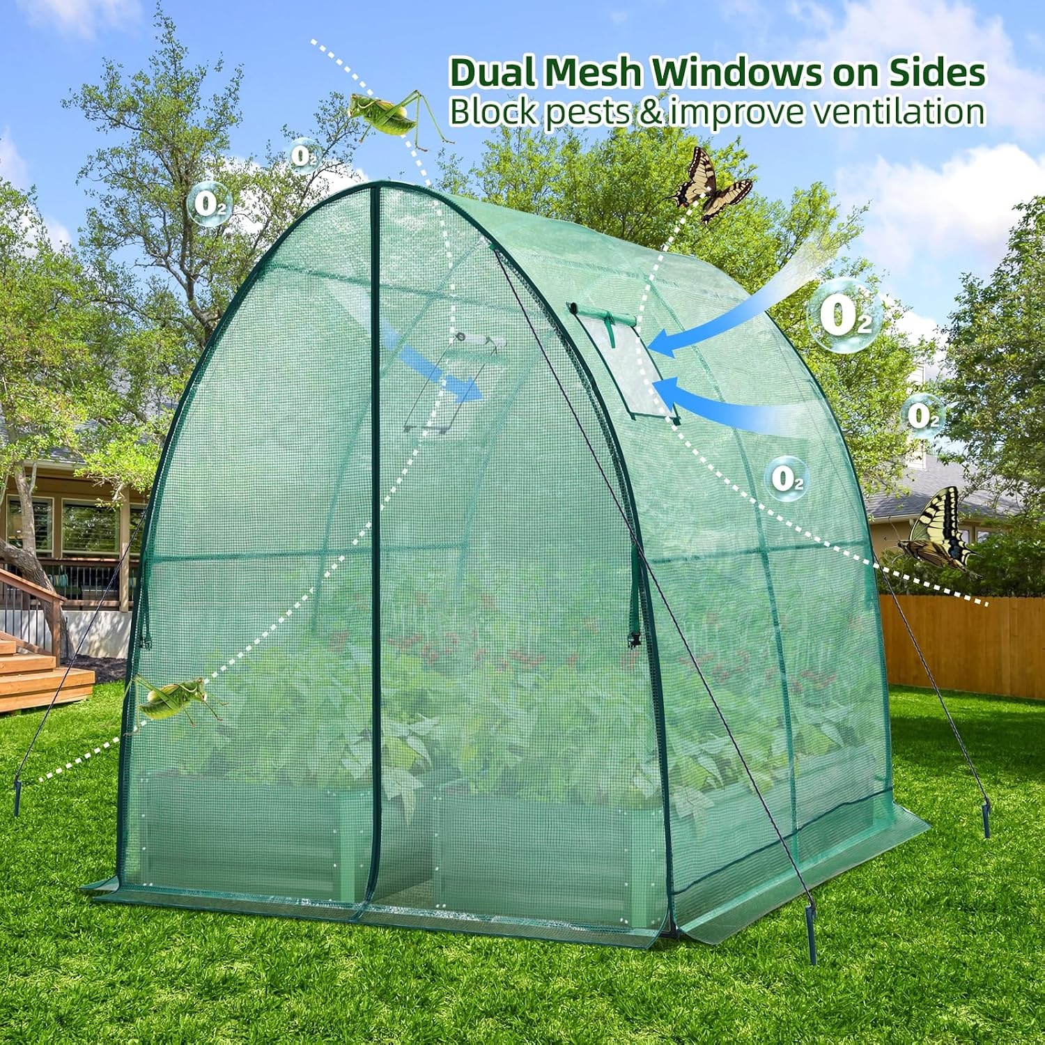 image:imageOhuhu Portable Tunnel Greenhouse Outdoor Heavy Duty Small Walk in Green House with Mesh Windows Reinforced Metal Base Durable Plastic PE Cover for Outside Free Tool to Install 59x59x66 FTGreen