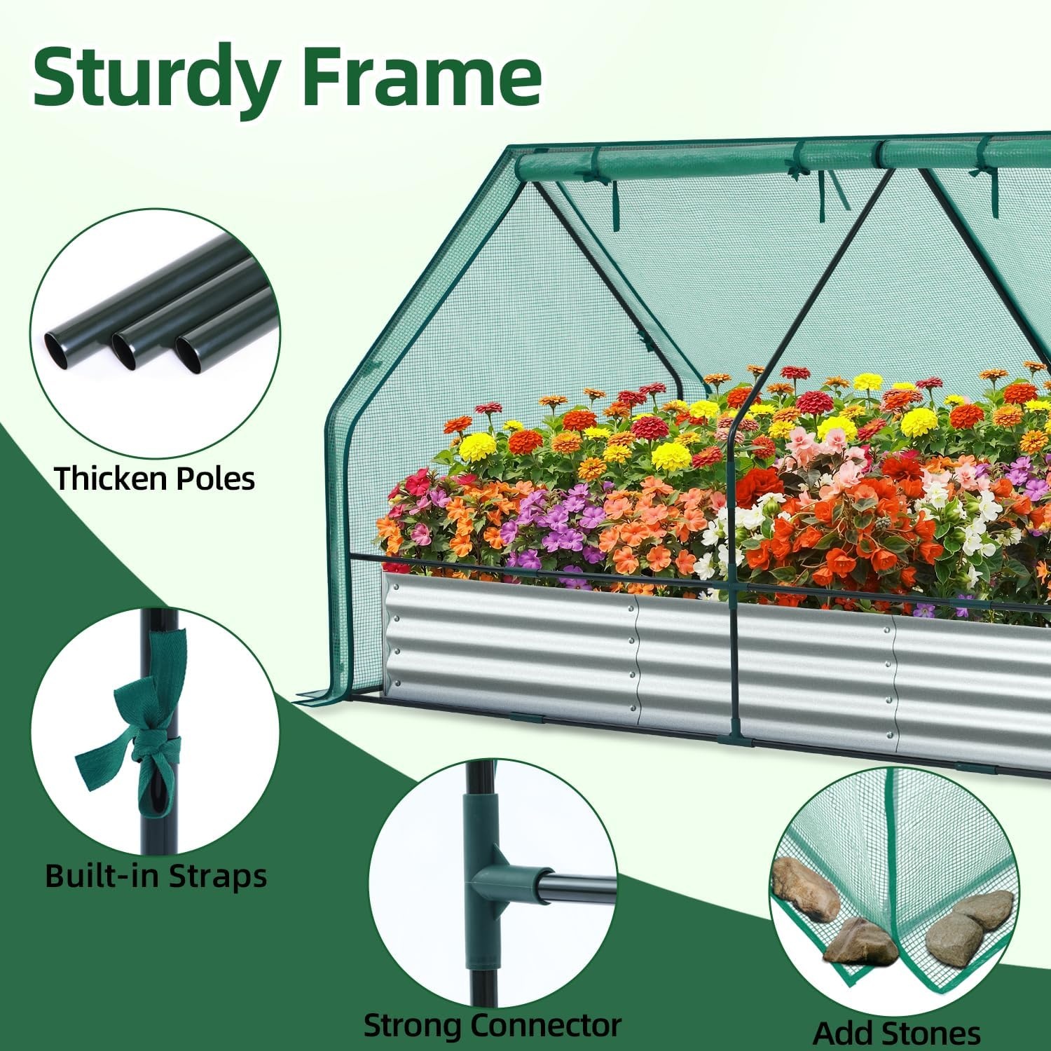 image:imageOhuhu Raised Garden Bed with Cover Outdoor 4x2x1 FT Galvanized Metal Planter Box with PVC Greenhouse Cover Protects Plants from Frost Birds Insects 3in1 Gardening Set for Vegetable Flower Herb8x4x1 ft