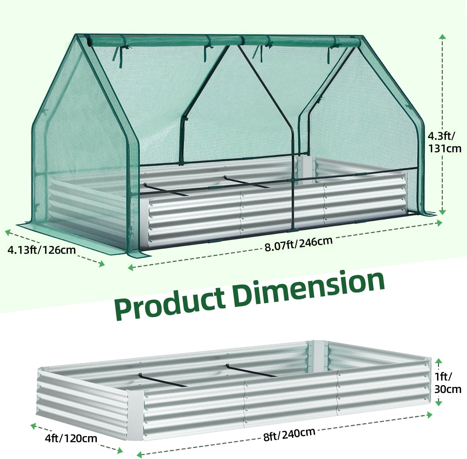 image:imageOhuhu Raised Garden Bed with Cover Outdoor 4x2x1 FT Galvanized Metal Planter Box with PVC Greenhouse Cover Protects Plants from Frost Birds Insects 3in1 Gardening Set for Vegetable Flower Herb8x4x1 ft