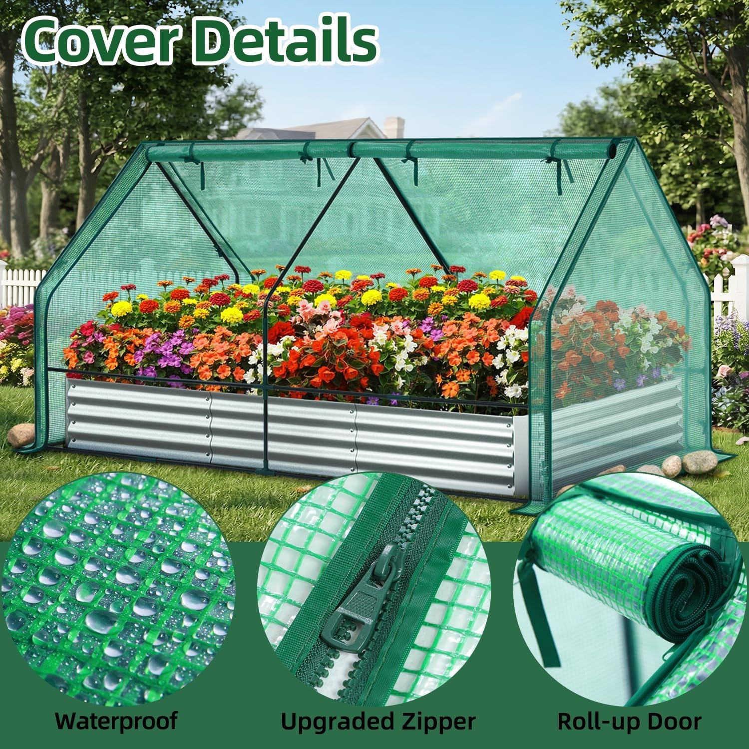image:imageOhuhu Raised Garden Bed with Cover Outdoor 4x2x1 FT Galvanized Metal Planter Box with PVC Greenhouse Cover Protects Plants from Frost Birds Insects 3in1 Gardening Set for Vegetable Flower Herb8x4x1 ft