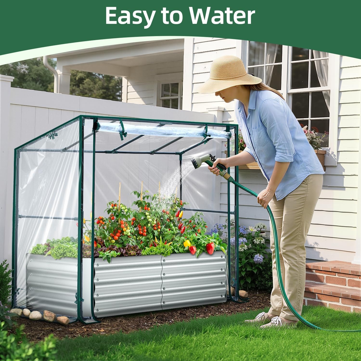 image:imageOhuhu Raised Garden Bed with Cover Outdoor 4x2x1 FT Galvanized Metal Planter Box with PVC Greenhouse Cover Protects Plants from Frost Birds Insects 3in1 Gardening Set for Vegetable Flower Herb4x2x1 ft