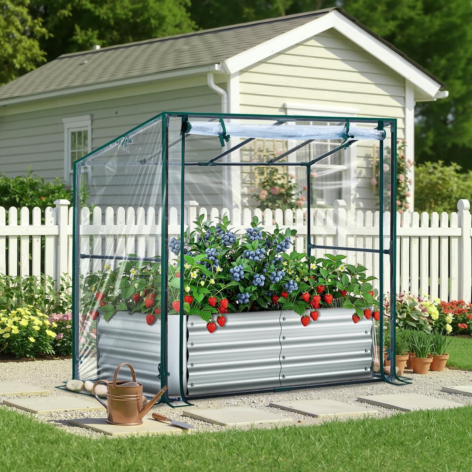 image:imageOhuhu Raised Garden Bed with Cover Outdoor 4x2x1 FT Galvanized Metal Planter Box with PVC Greenhouse Cover Protects Plants from Frost Birds Insects 3in1 Gardening Set for Vegetable Flower Herb4x2x1 ft