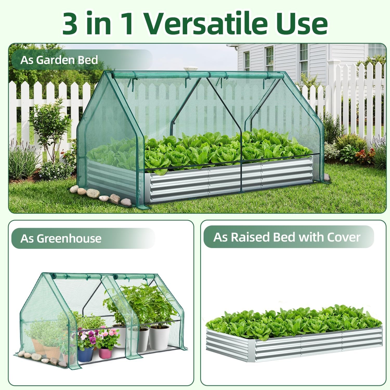 image:imageOhuhu Raised Garden Bed with Cover Outdoor 4x2x1 FT Galvanized Metal Planter Box with PVC Greenhouse Cover Protects Plants from Frost Birds Insects 3in1 Gardening Set for Vegetable Flower Herb8x4x1 ft