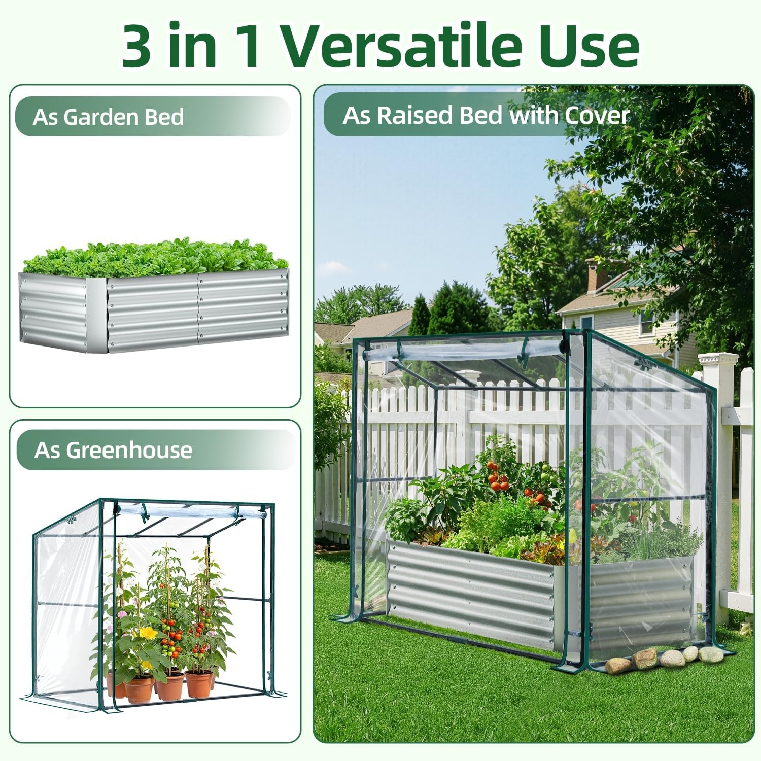 image:imageOhuhu Raised Garden Bed with Cover Outdoor 4x2x1 FT Galvanized Metal Planter Box with PVC Greenhouse Cover Protects Plants from Frost Birds Insects 3in1 Gardening Set for Vegetable Flower Herb4x2x1 ft
