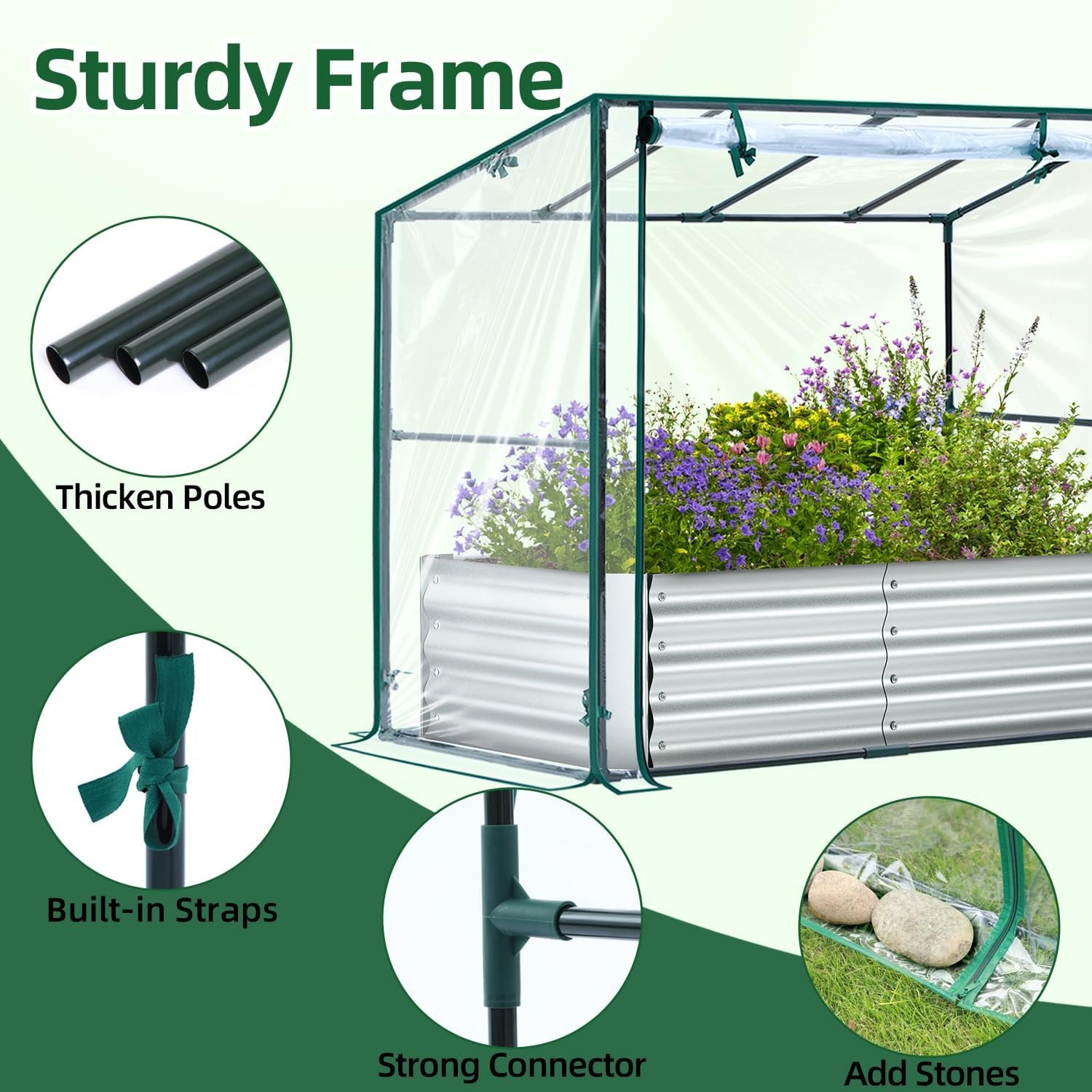 image:imageOhuhu Raised Garden Bed with Cover Outdoor 4x2x1 FT Galvanized Metal Planter Box with PVC Greenhouse Cover Protects Plants from Frost Birds Insects 3in1 Gardening Set for Vegetable Flower Herb4x2x1 ft