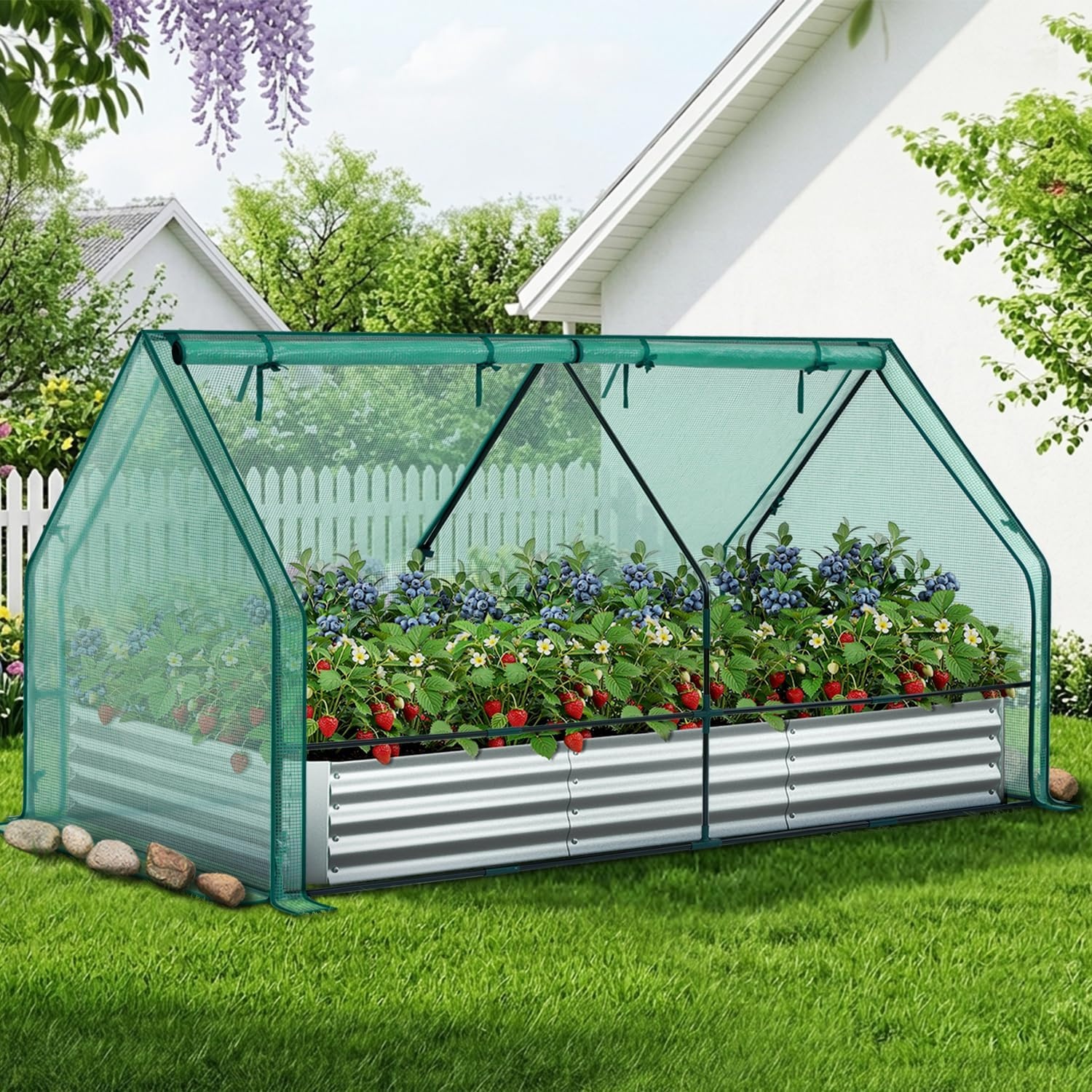 image:imageOhuhu Raised Garden Bed with Cover Outdoor 4x2x1 FT Galvanized Metal Planter Box with PVC Greenhouse Cover Protects Plants from Frost Birds Insects 3in1 Gardening Set for Vegetable Flower Herb8x4x1 ft