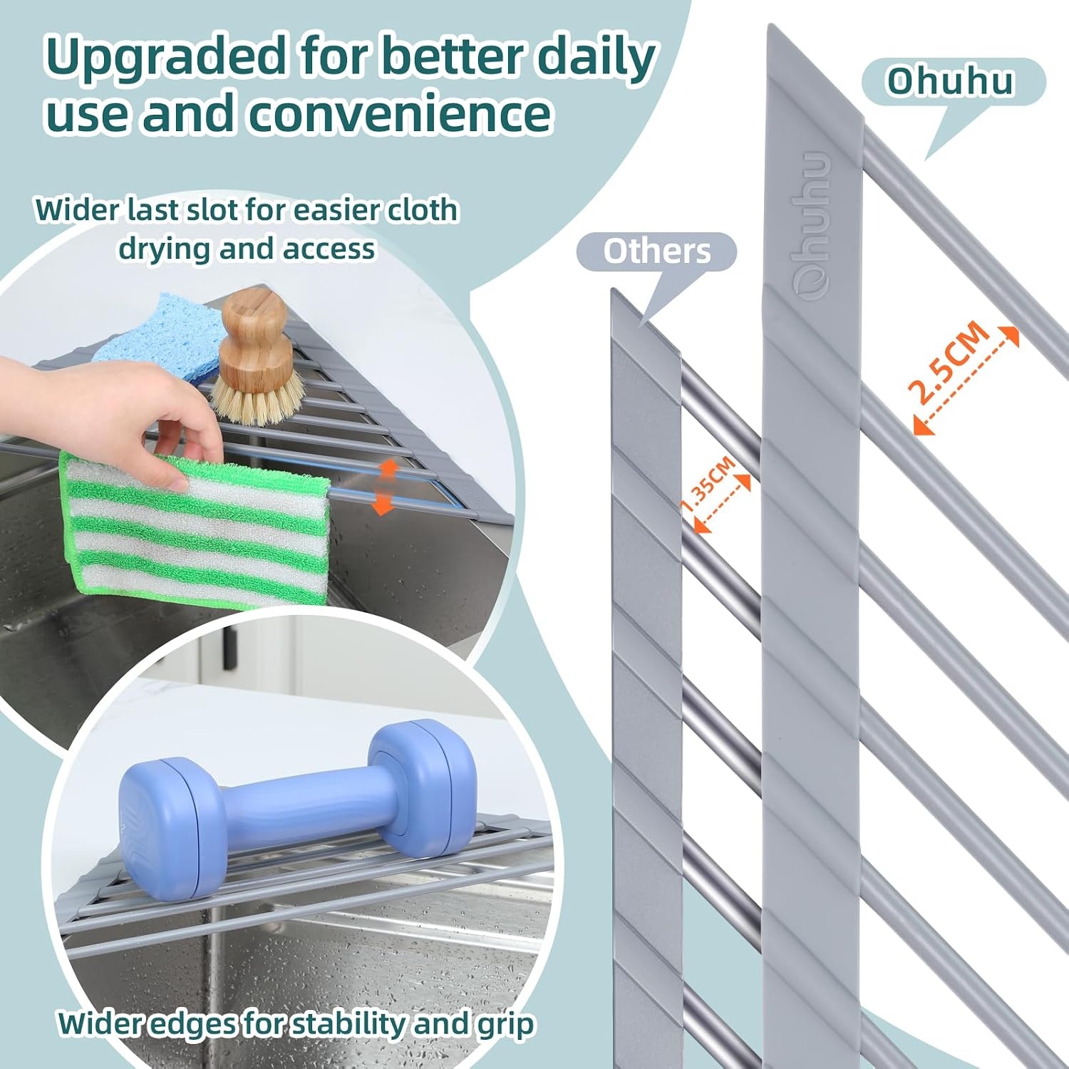 image:imageOhuhu Roll Up Dish Drying Rack Over The Sink Multipurpose RollUp Dish Racks 165 W x 13 L Rolling HeatResistant AntiSlip Silicone Coated Dish Drainer Portable Foldable for Kitchen CounterGray