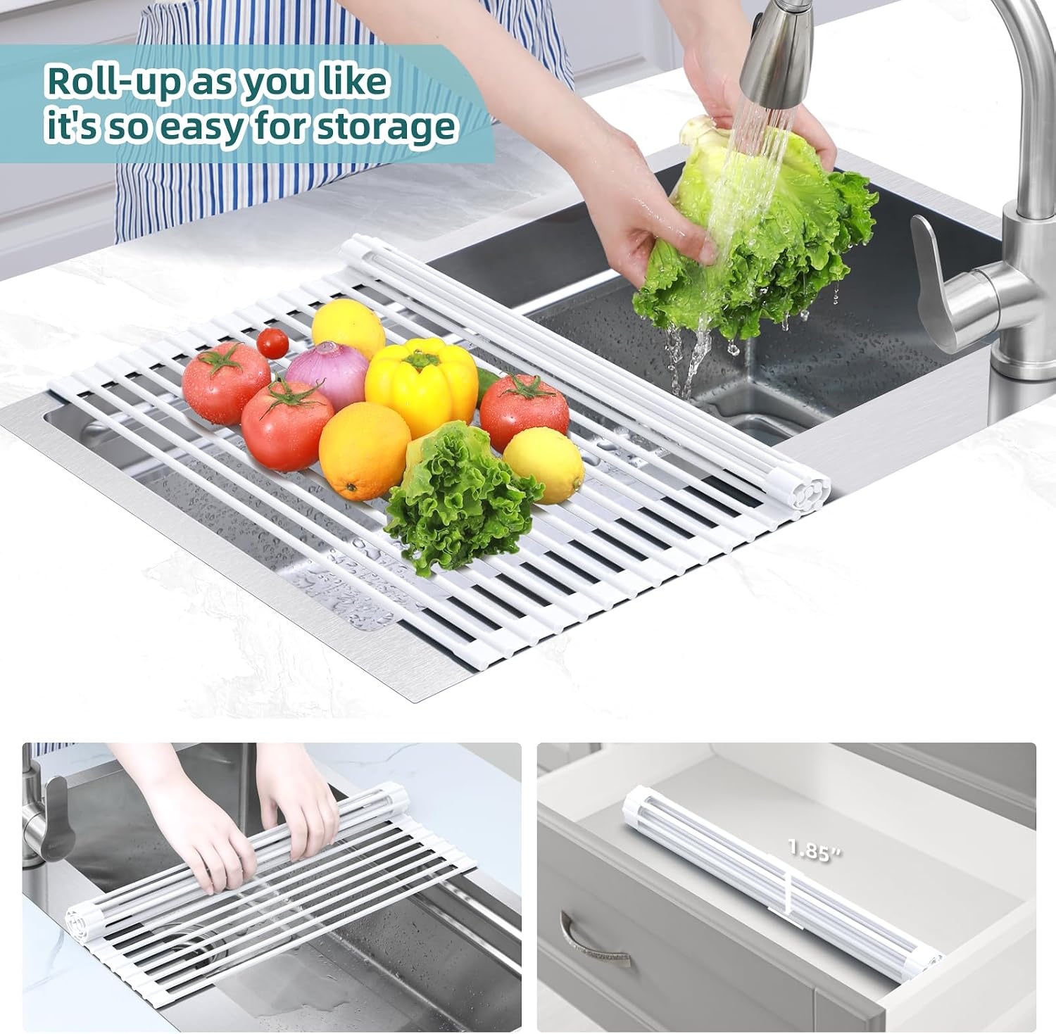 image:imageOhuhu Roll Up Dish Drying Rack Over The Sink Multipurpose RollUp Dish Racks 165 W x 13 L Rolling HeatResistant AntiSlip Silicone Coated Dish Drainer Portable Foldable for Kitchen CounterWhite
