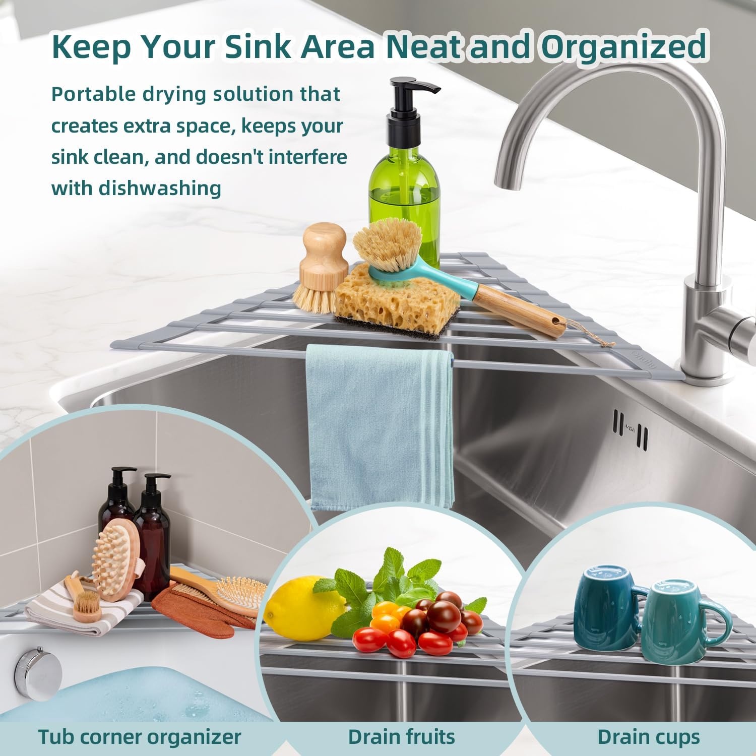 image:imageOhuhu Roll Up Dish Drying Rack Over The Sink Multipurpose RollUp Dish Racks 165 W x 13 L Rolling HeatResistant AntiSlip Silicone Coated Dish Drainer Portable Foldable for Kitchen CounterGray