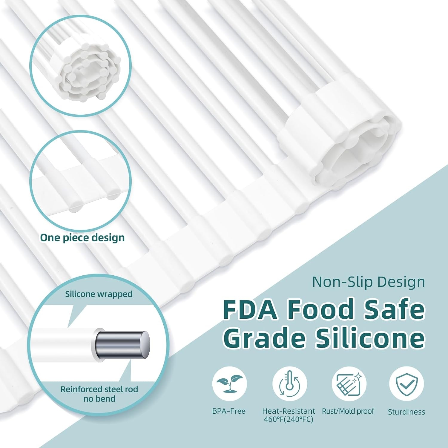 image:imageOhuhu Roll Up Dish Drying Rack Over The Sink Multipurpose RollUp Dish Racks 165 W x 13 L Rolling HeatResistant AntiSlip Silicone Coated Dish Drainer Portable Foldable for Kitchen CounterWhite