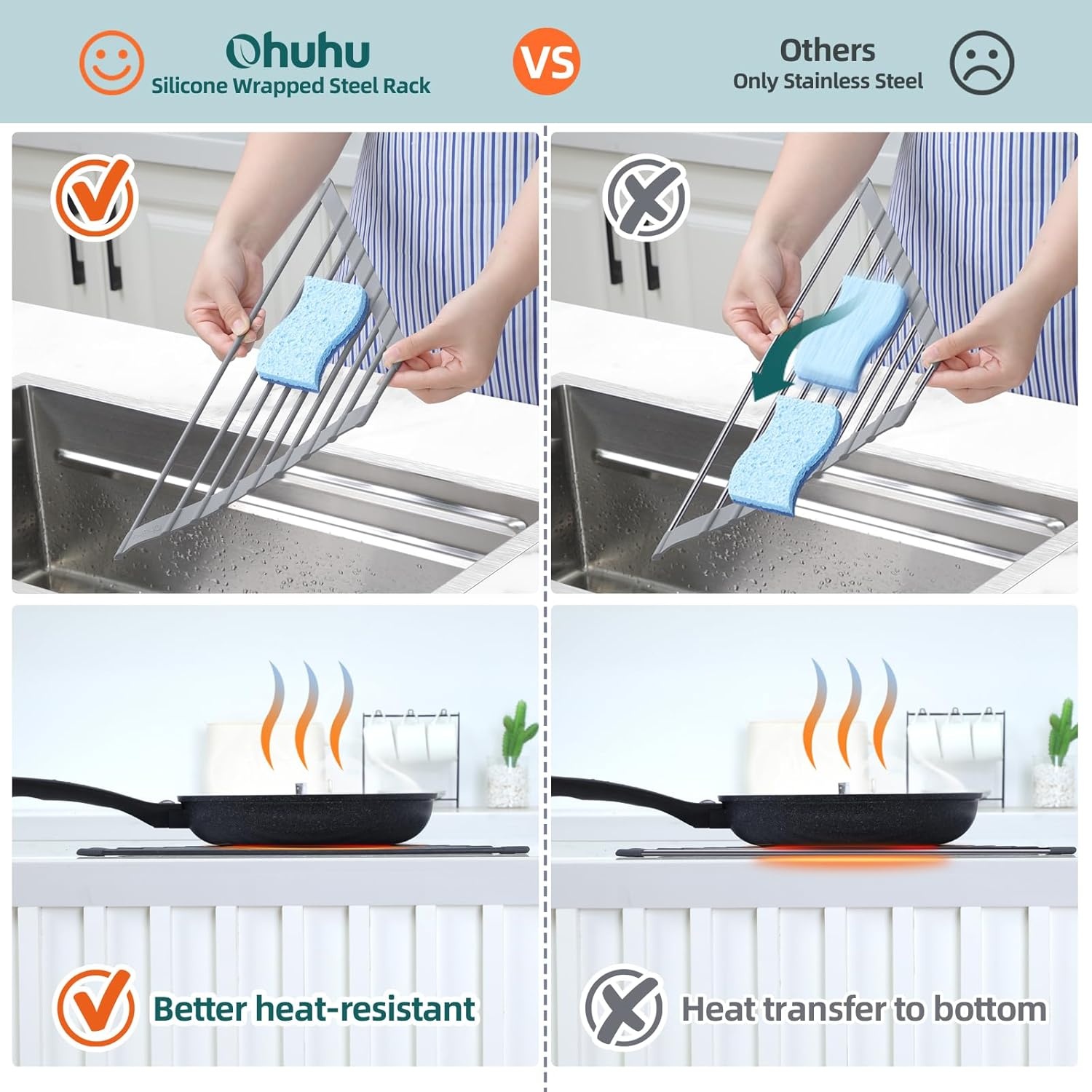 image:imageOhuhu Roll Up Dish Drying Rack Over The Sink Multipurpose RollUp Dish Racks 165 W x 13 L Rolling HeatResistant AntiSlip Silicone Coated Dish Drainer Portable Foldable for Kitchen CounterGray