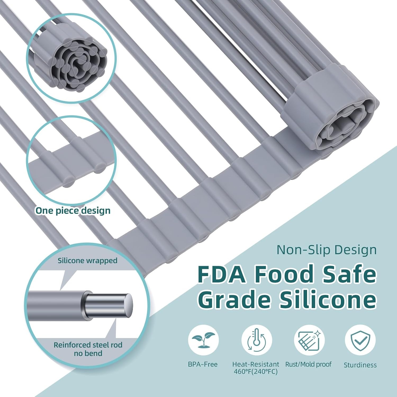 image:imageOhuhu Roll Up Dish Drying Rack Over The Sink Multipurpose RollUp Dish Racks 165 W x 13 L Rolling HeatResistant AntiSlip Silicone Coated Dish Drainer Portable Foldable for Kitchen CounterGray